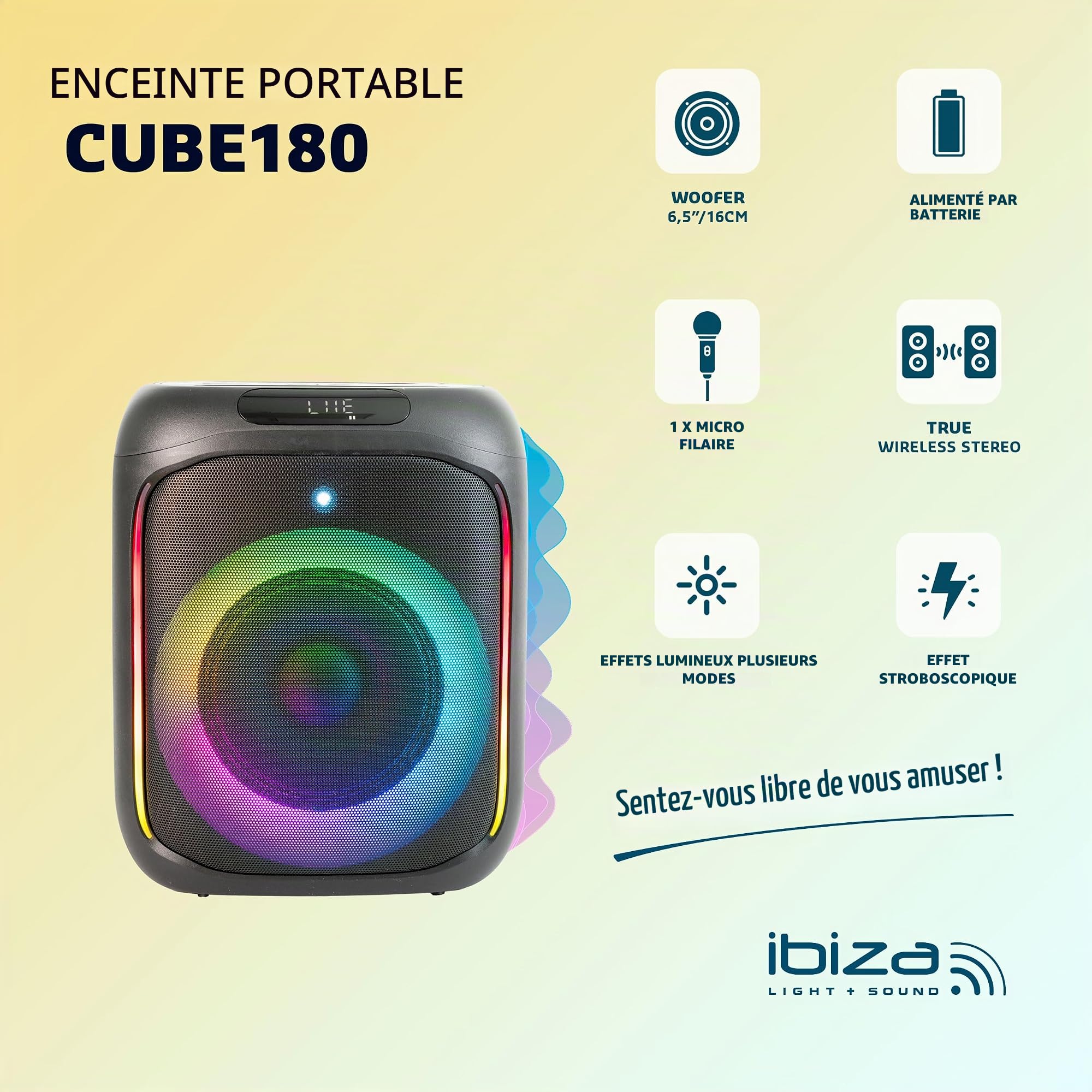 Ibiza - CUBE180 - Enceinte de 6.5”/16cm de 180W sur batterie avec micro filaire et effet lumineux - Bluetooth, USB, MicroSD, TWS - Noir
