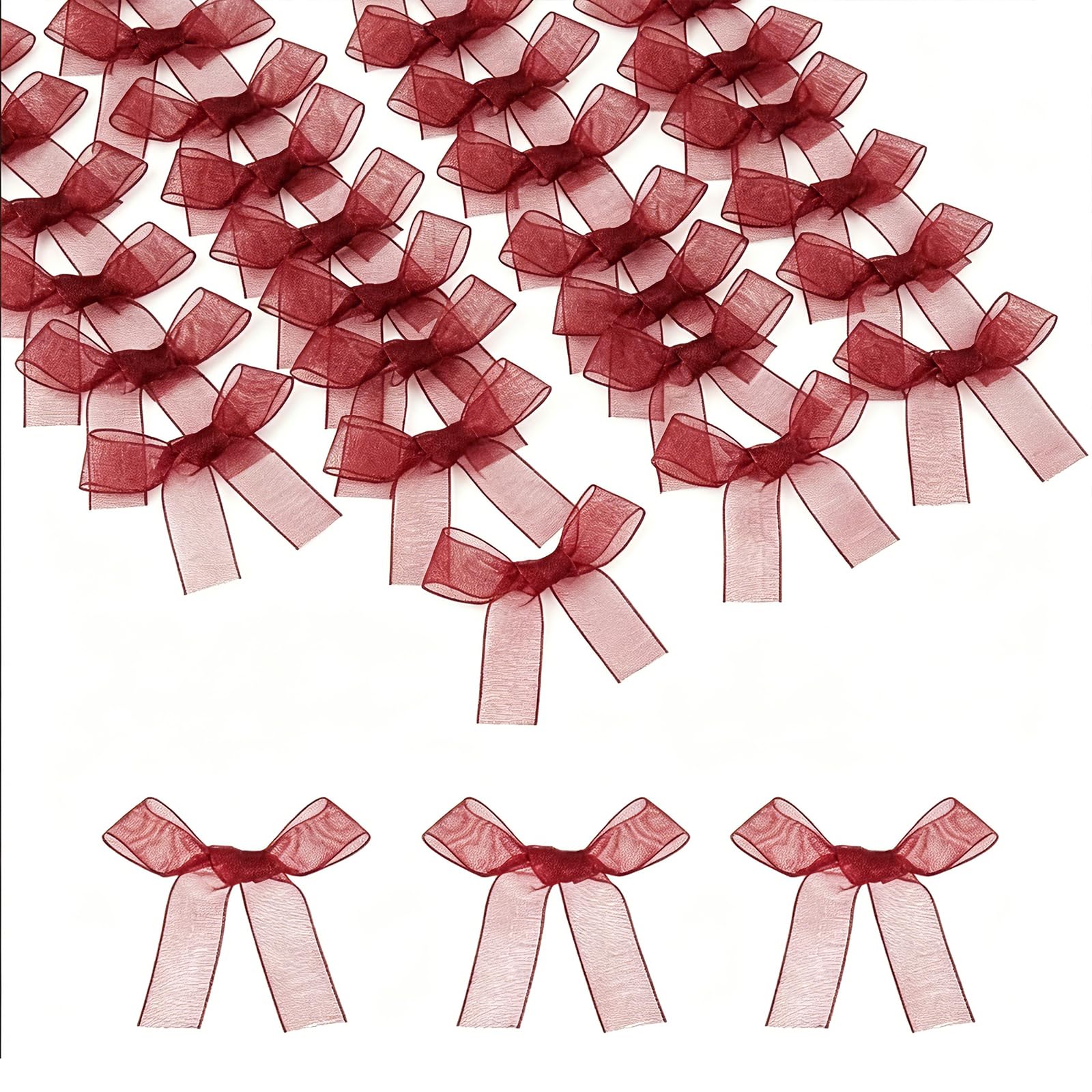 sourcing map 50 Pcs Mini Ribbon Bows, 2" Tiny Bows Organza for Crafts Small Bowknot Artificial Applique Embellishment for DIY Craft Sewing Scrapbooking Wedding Party Decoration, Burgundy