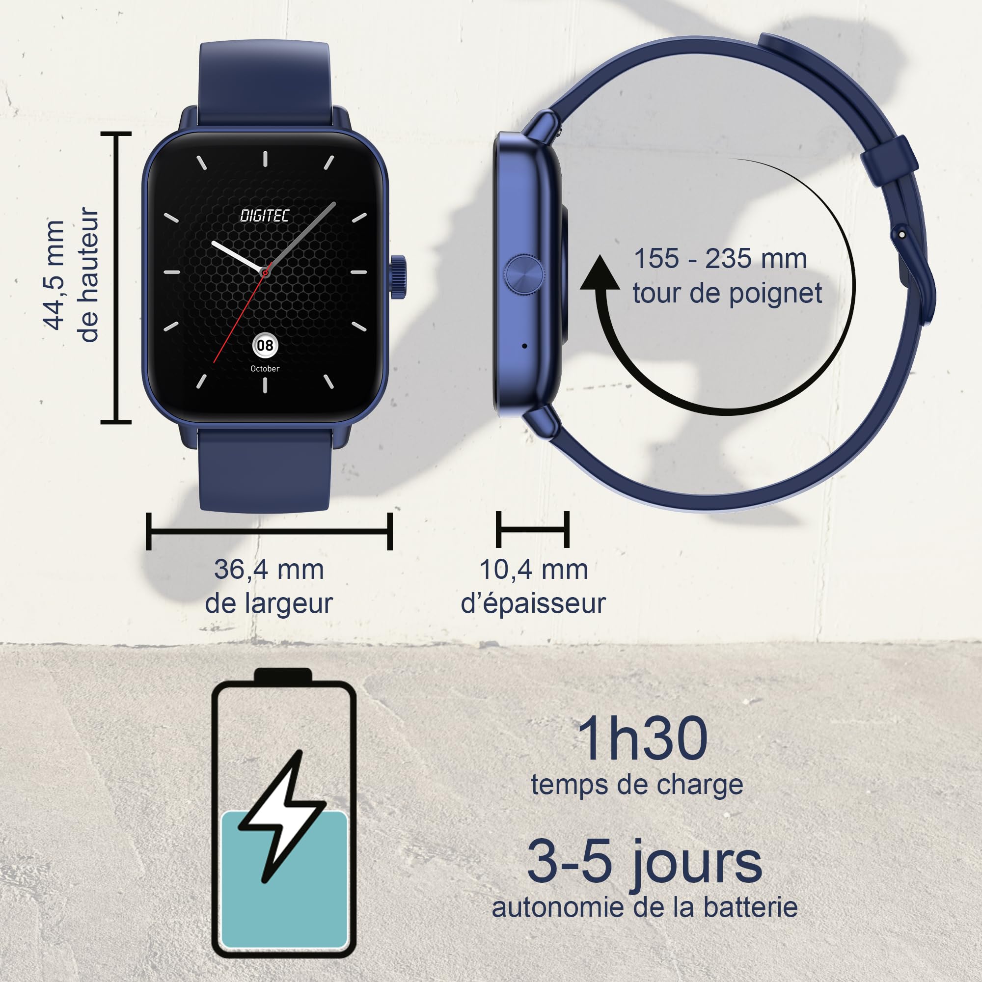 Digitec Montre connectée Square Bleue avec Bracelet en Silicone Bleu, Homme Femme, Suivi activité et Sommeil