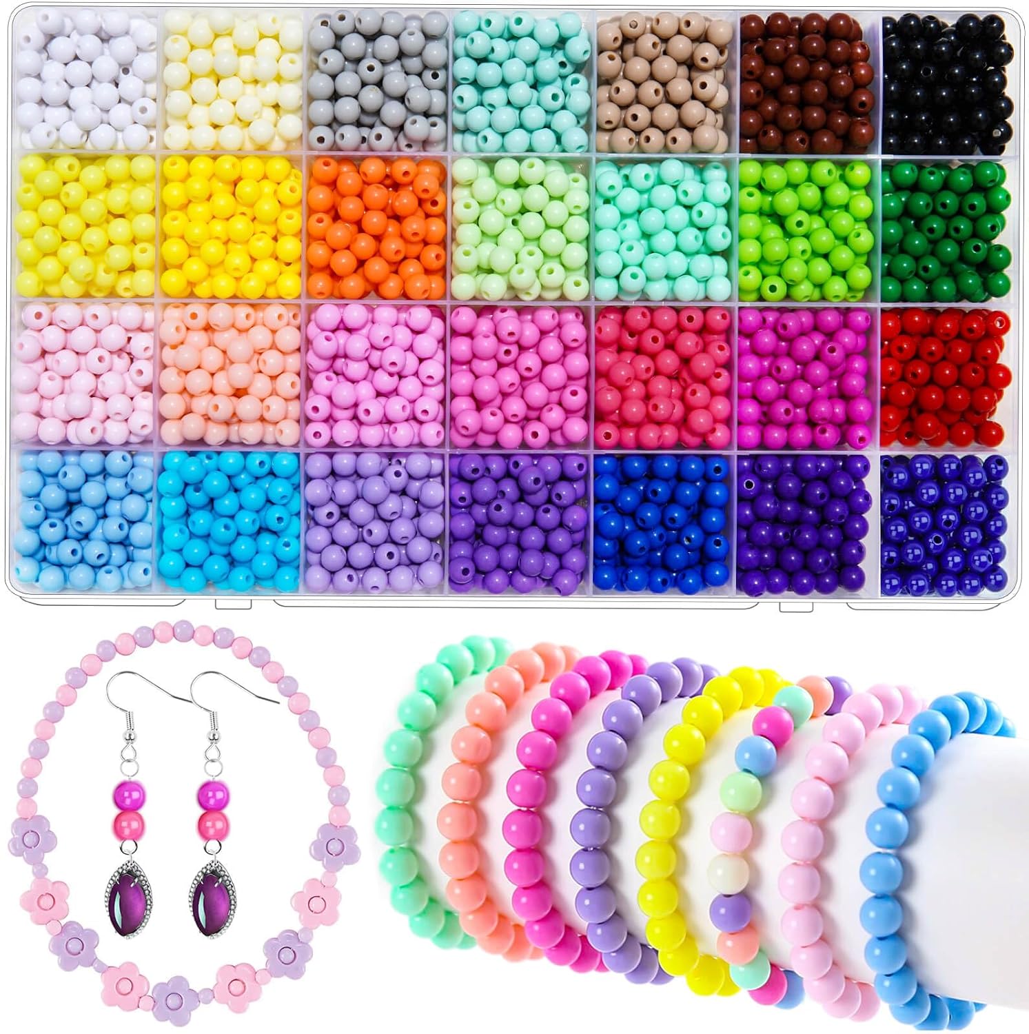 2100Pcs 6MM Candy Color Acrylic Round Beads for Jewelry Making, 28 Colors Assorted Plastic Craft Bead Bubble Gum Beads with Hole Pastel Loose Beads for Bracelets Necklace Making DIY Crafts (6MM)