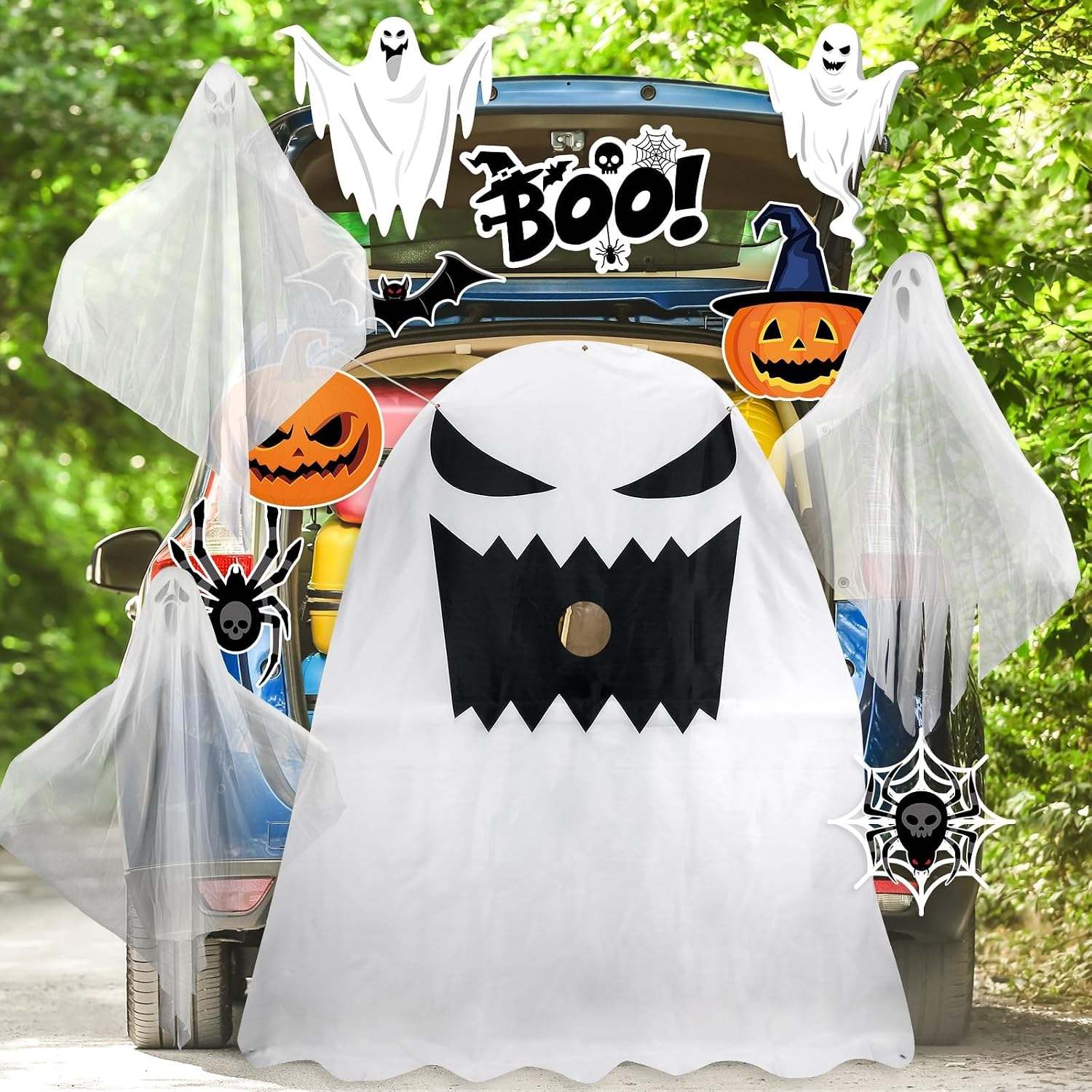 Naozinebi Halloween Trunk or Treat Car Decoration Kit Halloween Decoration with Hanging Ghost Cutouts Ghost and Lights String for Outdoor Garage Door Archway Party Supplies Home Indoor Party Supplies