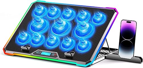 Enfriador de laptop para juegos con 13 ventiladores ultra silenciosos, pantalla LCD y RGB multicolor, 10 modos de iluminación, 9 alturas ajustables,