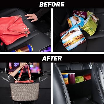 eing Crystal Car Organizers and Storage Purse Holder, Car Seat Back Net Handbag Accessories with Bling Diamonds for Women, Car Pet Barrier for Dogs and Kids, Gold