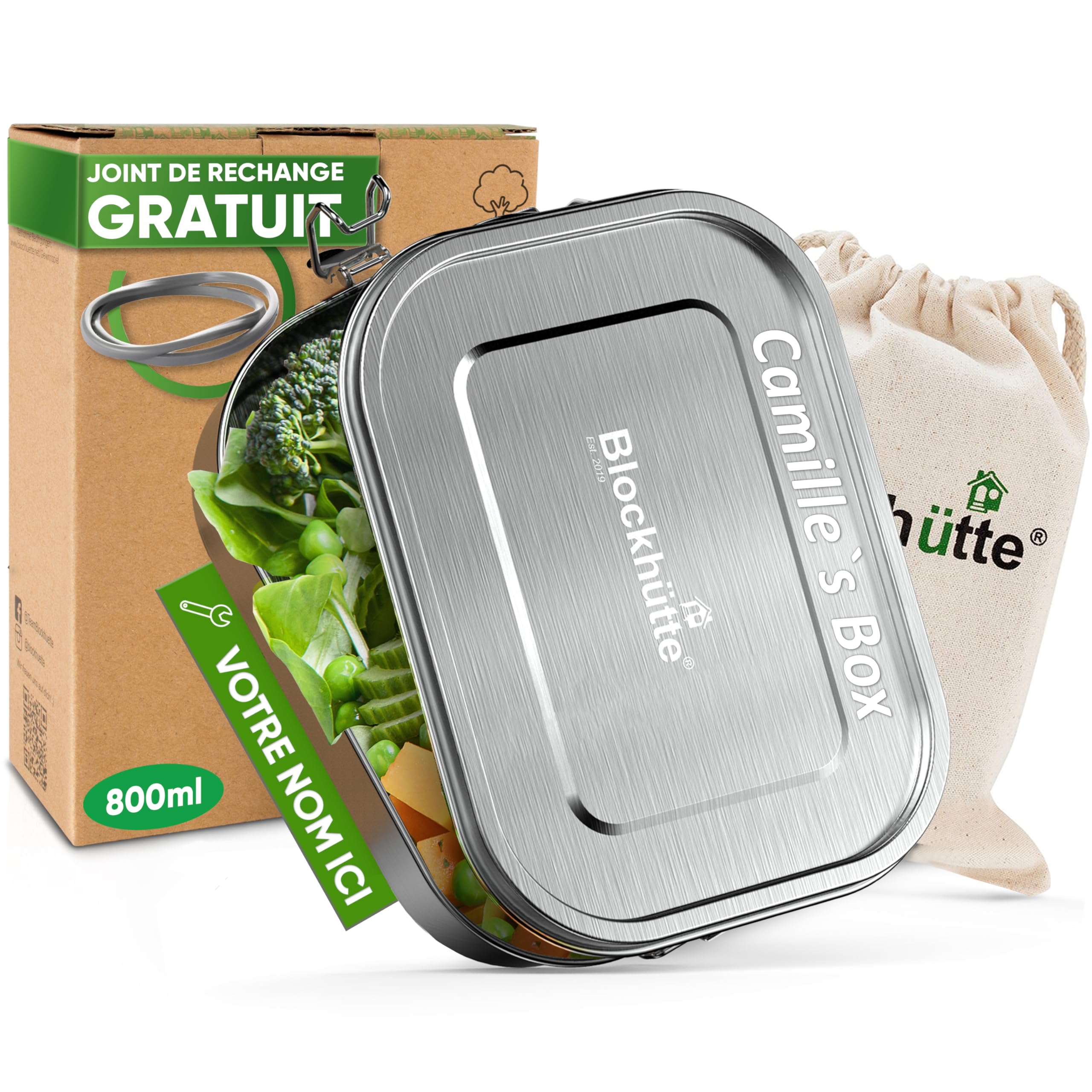 Blockhütte Personnalisé Lunch Box en Inox avec 2 cloisons I 800ml I Bento Box Inox, Boite a Gouter Enfant et Adulte Hermétique I Boite Lunch - Lunchbox pour l'école ou travail