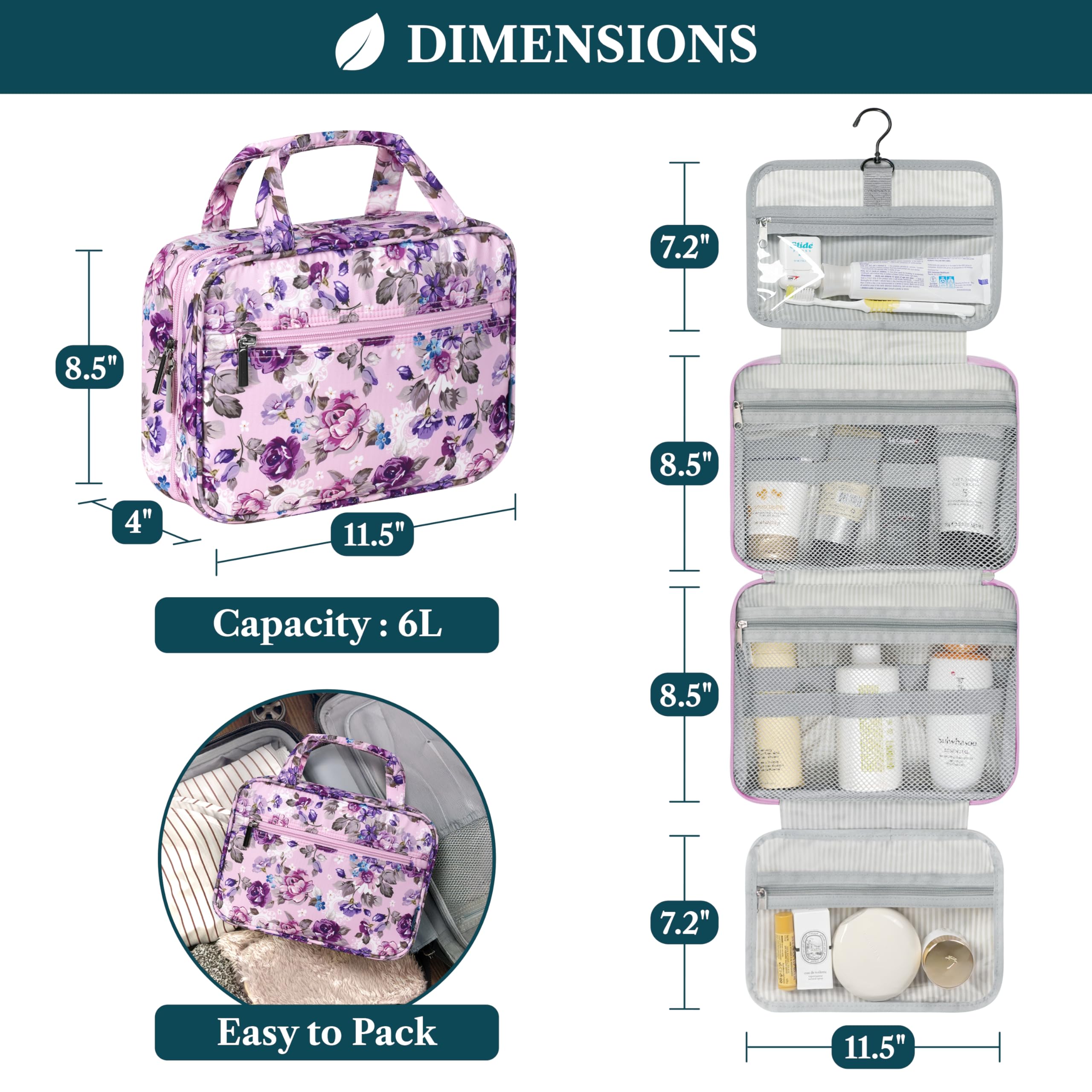 PAVILIA Borsa da toilette da appendere borsa da viaggio donna e uomo, organizer pieghevole per cosmetici, borsa per il trucco resistente all'acqua, accessori da toeletta, grande kit essenziale da