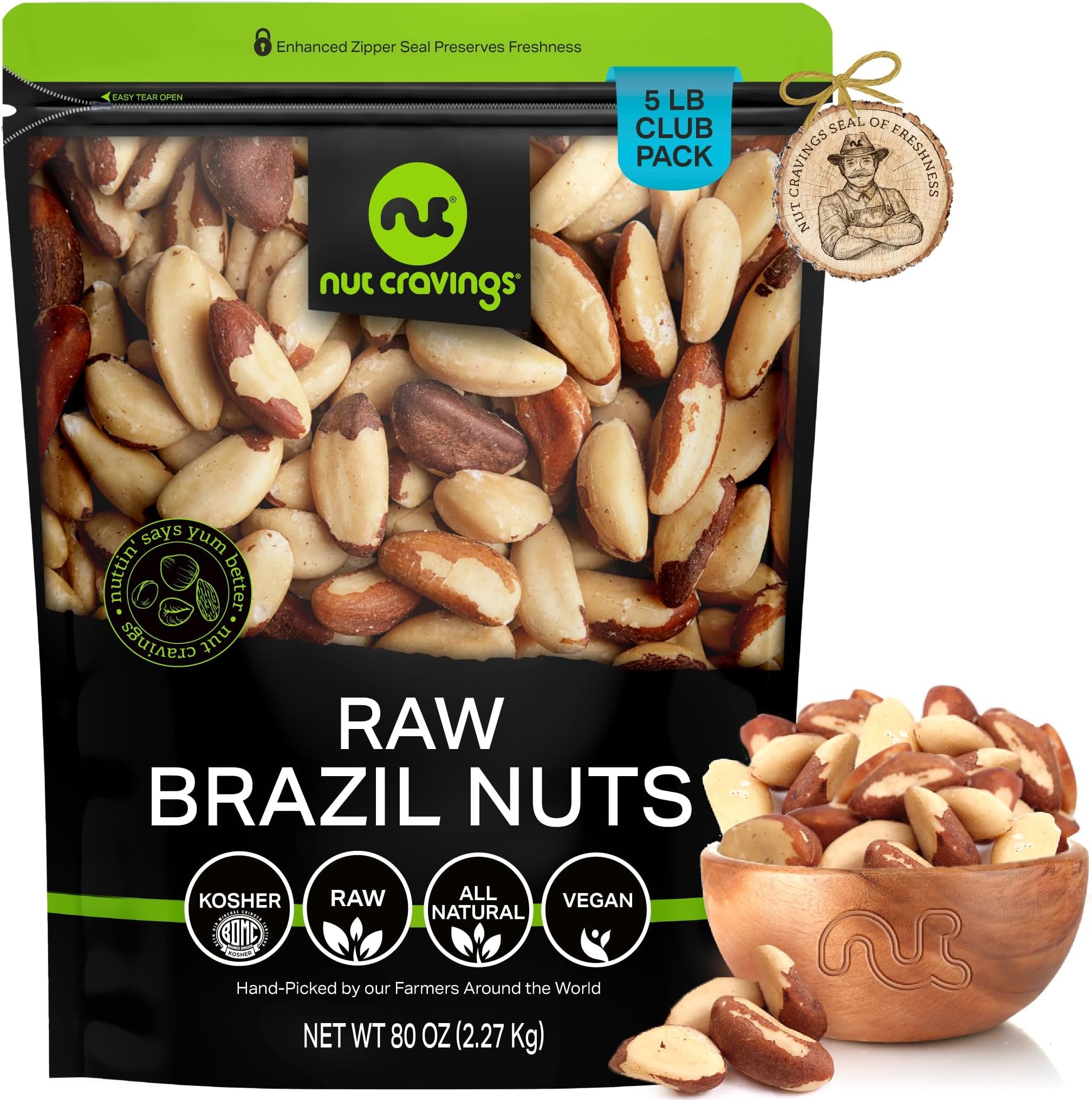 NUT CRAVINGS - Raw Brazil Nuts, Unsalted, No Shell, Whole, (80oz - 5 LB) Bulk Nuts Packed Fresh in Resealable Bag - Kosher Healthy Snack, Natural Keto Vegan