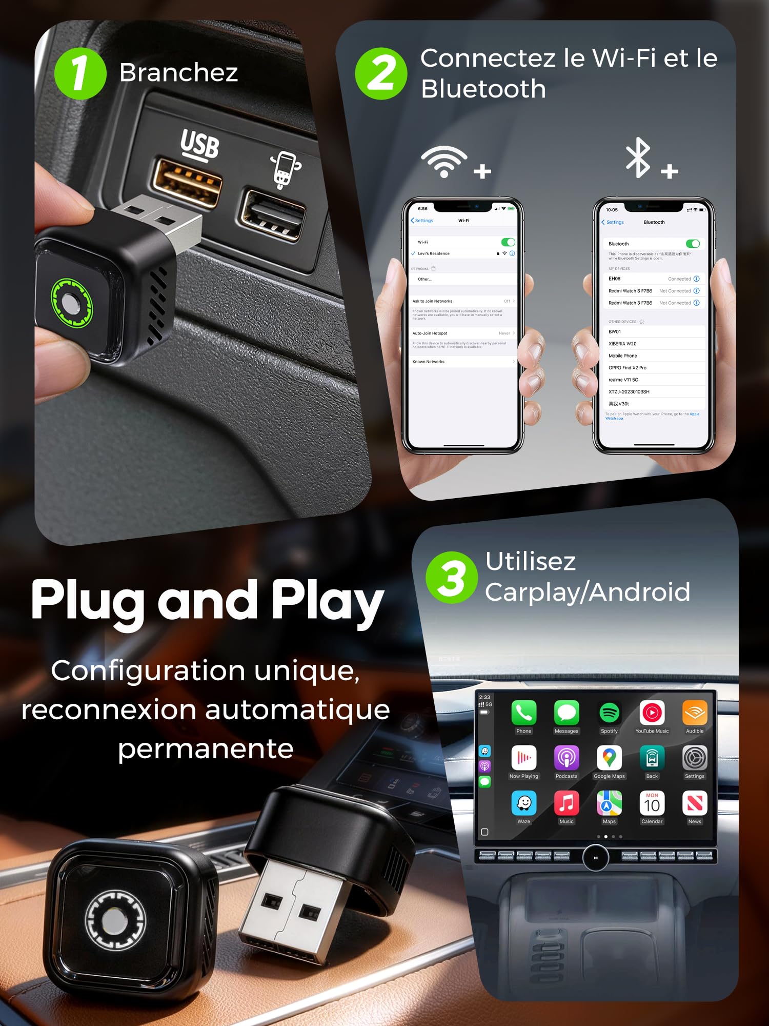 kungfuren Adapter samochodowy Android Carplay bezprzewodowy: adapter 2 w 1 Plug and Play USB/C Mini dongle Konwerter z przewodowego na bezprzewodowy dla iOS 10+/Android 11+ i samochodów od 2018 roku