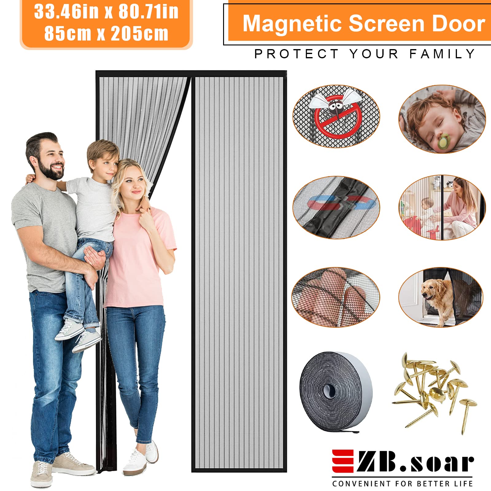 ZB.soar Magnetic Screen Door - Fits Doors Up To 39x83 Inch, Self-Sealing, Keep Bugs Out, Flame Retardant - View #7