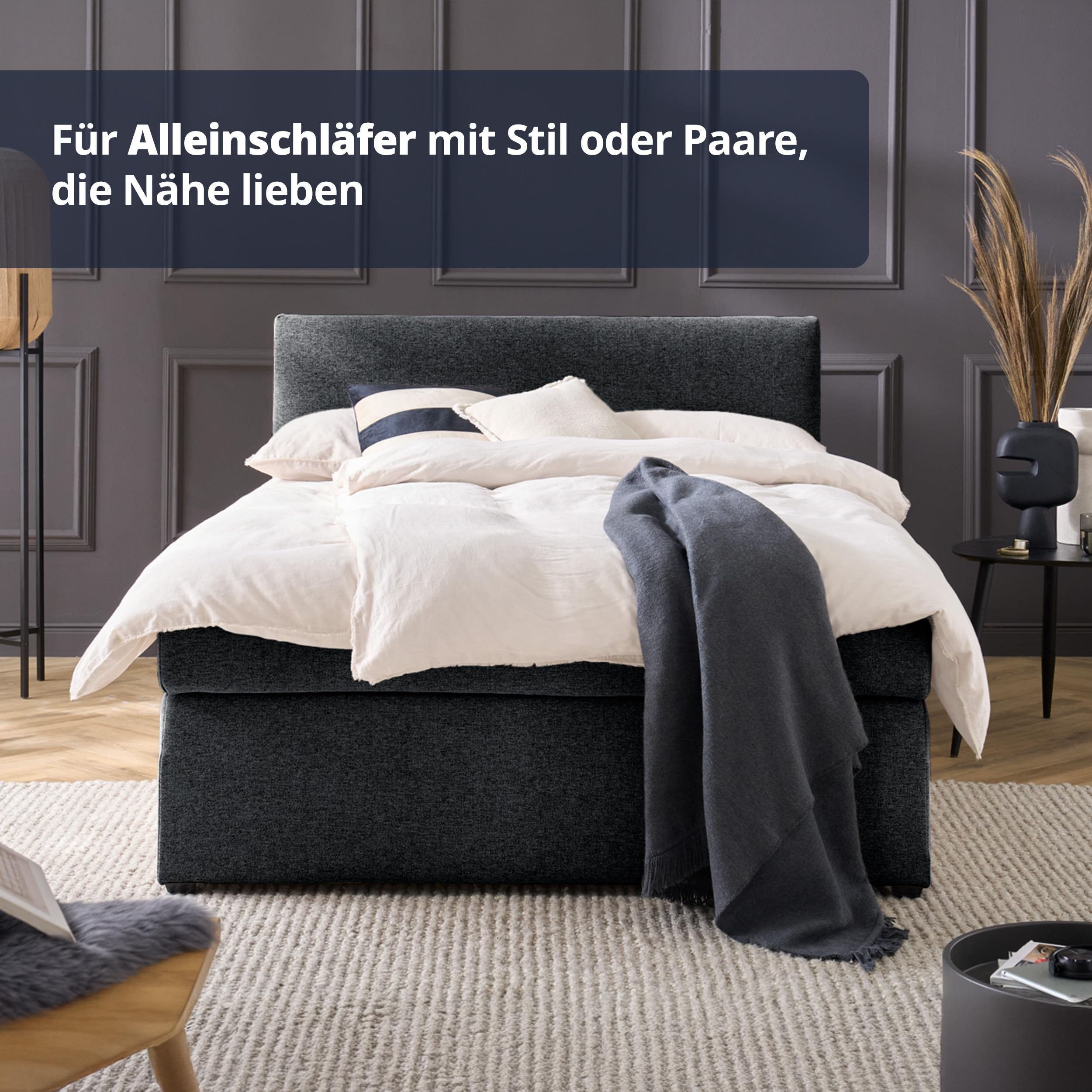 KHG Boxspringbett schwarz Härtegrad H3 mit Matratze Bonellfederkern und Topper 100% Polyester Schaumstoffkern Gestell Holzwerkstoff gepolstert stoffbezogen zeitlos