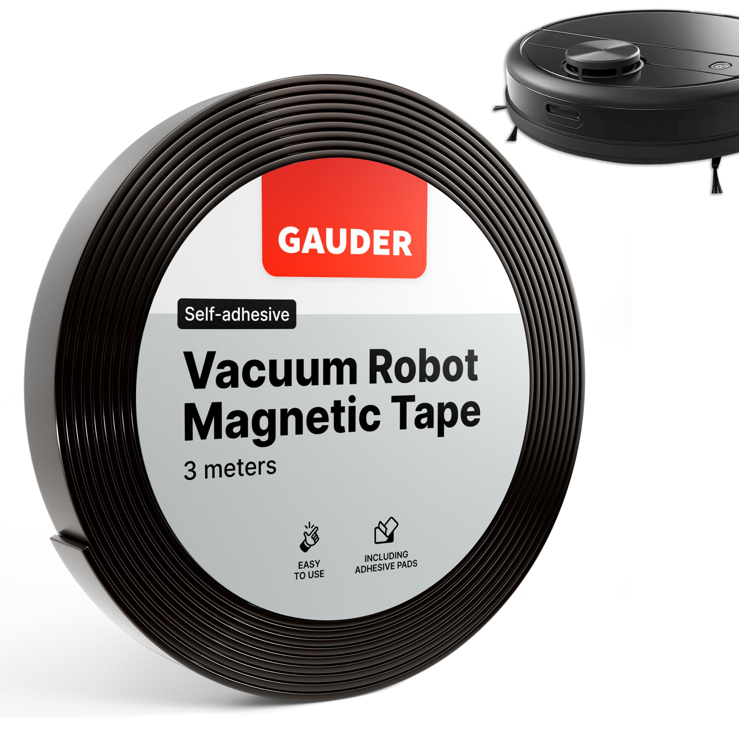 GAUDERRobotic Vacuum Boundary Tape | Compatible with Neato, Xiaomi, Miele, Vorwerk & Tesvor | Magnetic Strips for Robot Vacuum Cleaners (3m)
