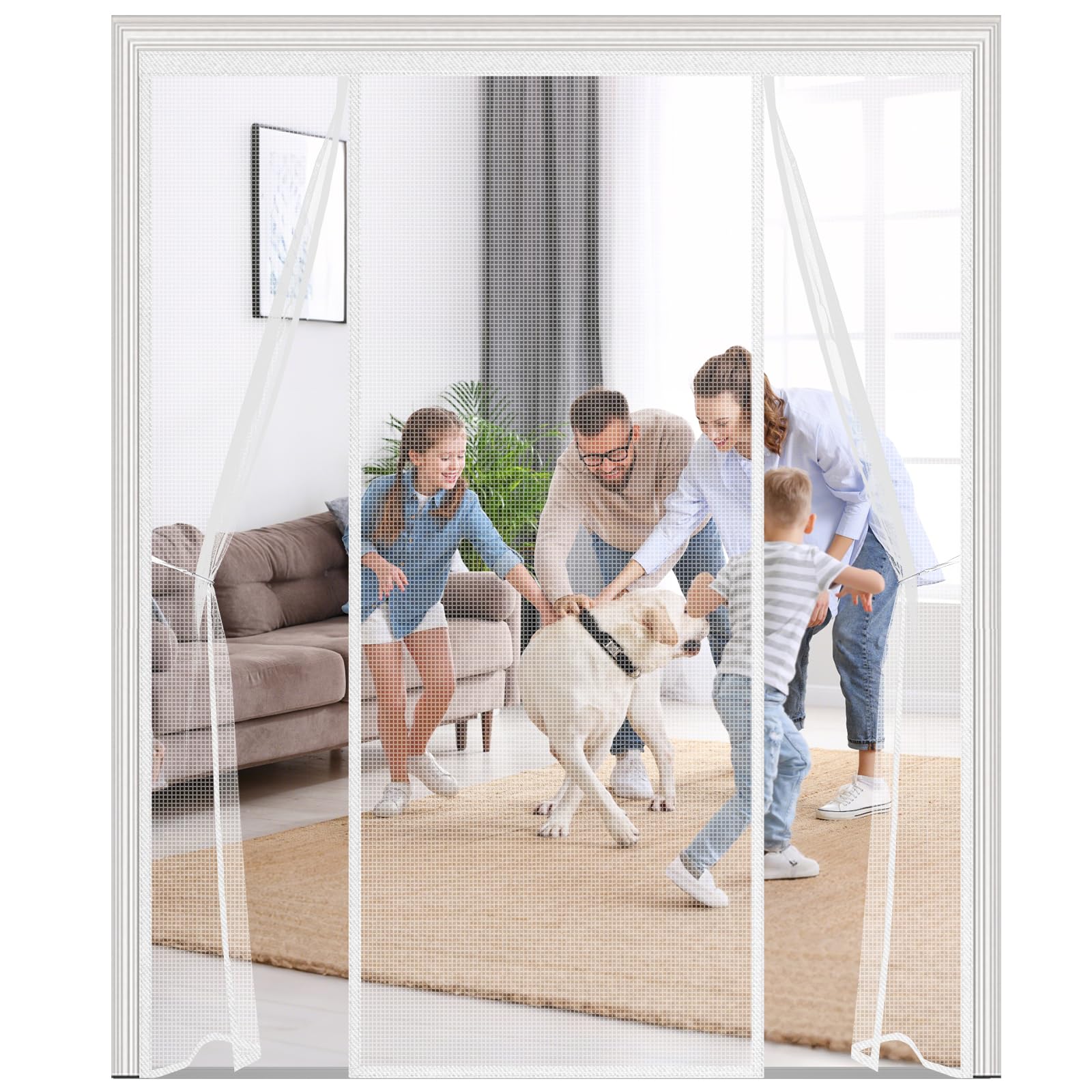 Magnetic Fly Screen for Double Doors,195x200cm Heavy Duty Polyester Mesh Door Curtain, Silent Self-Closing with Double-Sided Opening, 4cm Wide Top Tape,Pet Friendly,White