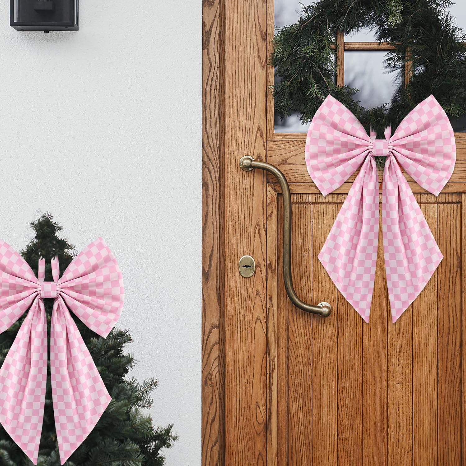 2 Pcs Pink White Buffalo Plaid Christmas Wreath Bows 19.6'' x 11.8'' Large Christmas Tree Topper Ornament Wreath Sash for Front Door Xmas Party Yard Doorway Indoor Outdoor Wall Decoration - Image 4