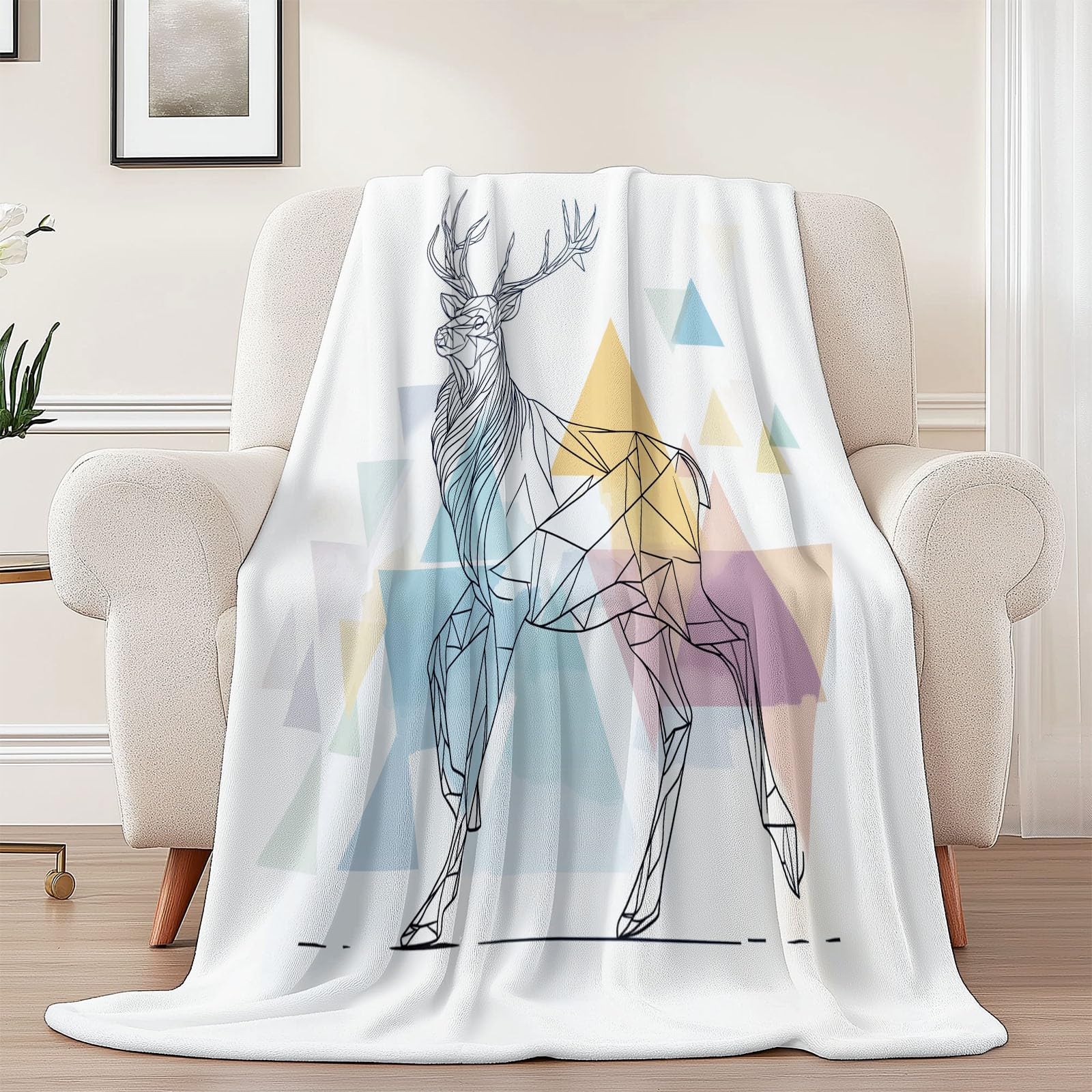 Couverture en flanelle polaire 150x200 cm blanc imprimé cerf géométrique pour lit et canapé