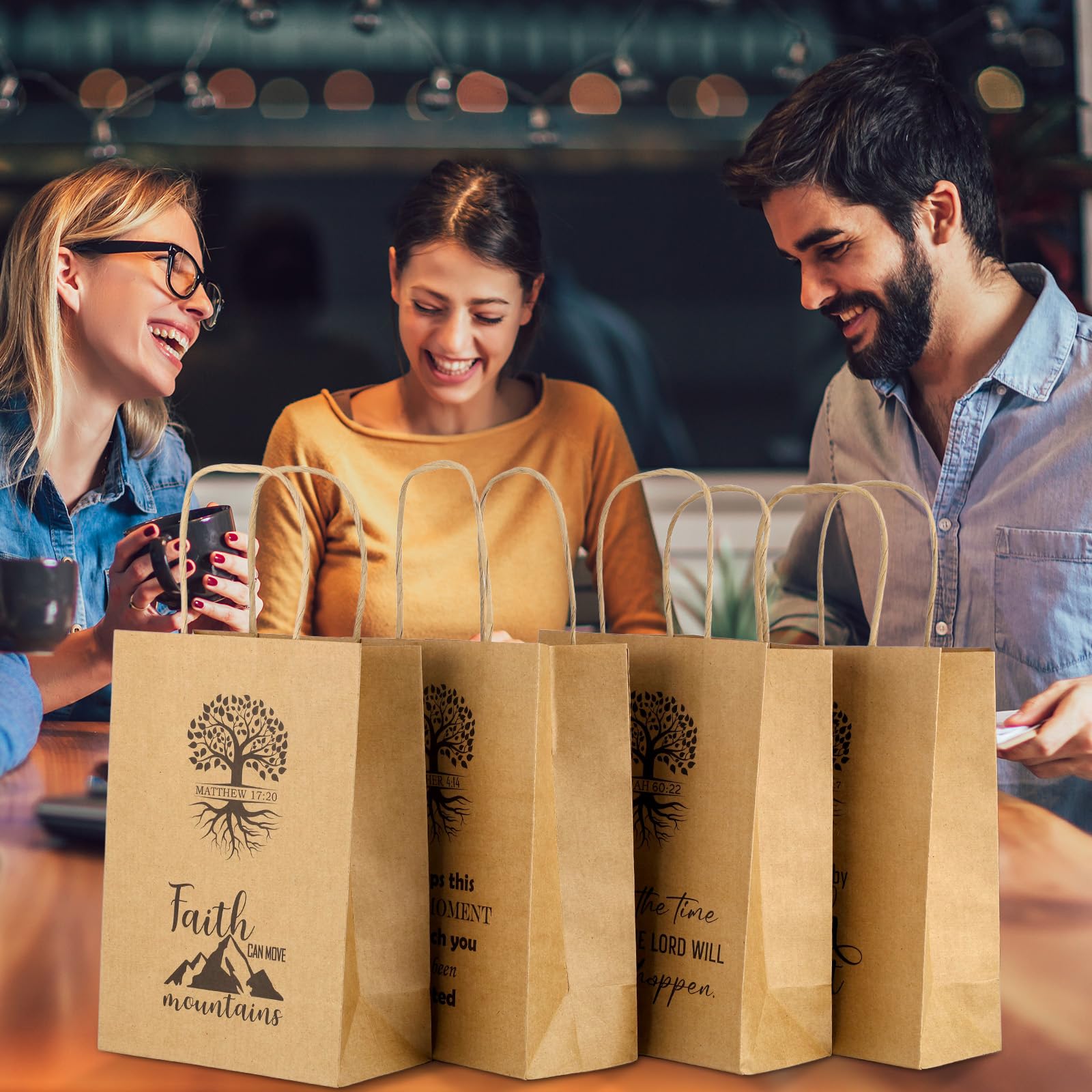 60 PCS Christian Gift Bags Bulk Religious Brown Kraft Paper Bags with Handles Bible Verse Inspirational Designs for Church Welcome Gifts Pastor Family Baptism Reunion
