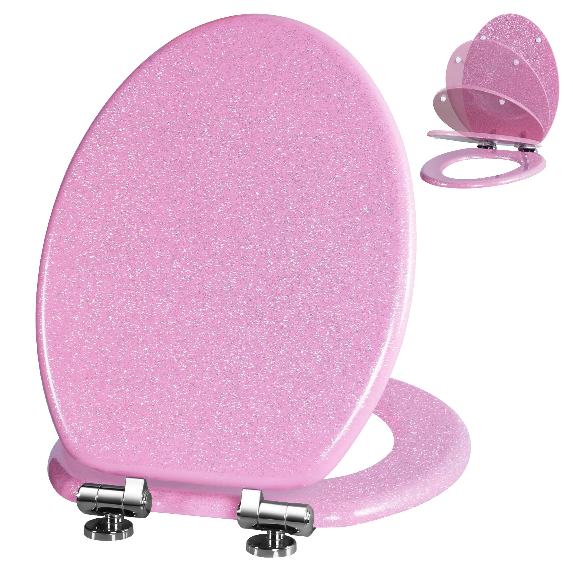 angol shiold glitter toilet seat molded wood elongated toilet seat with quietly close and quick release hinges, easy to clean also easy to install (elongated 18.5'', pink)