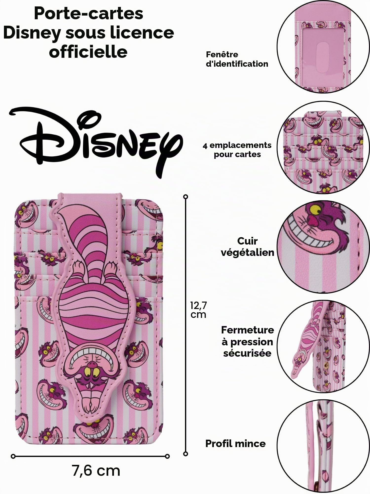 Disney Porte-cartes pour femme Slim Compact Portefeuille de crédit Petit Snap Voyage fantaisie, Chat du Cheshire Rose, Porte-cartes moderne