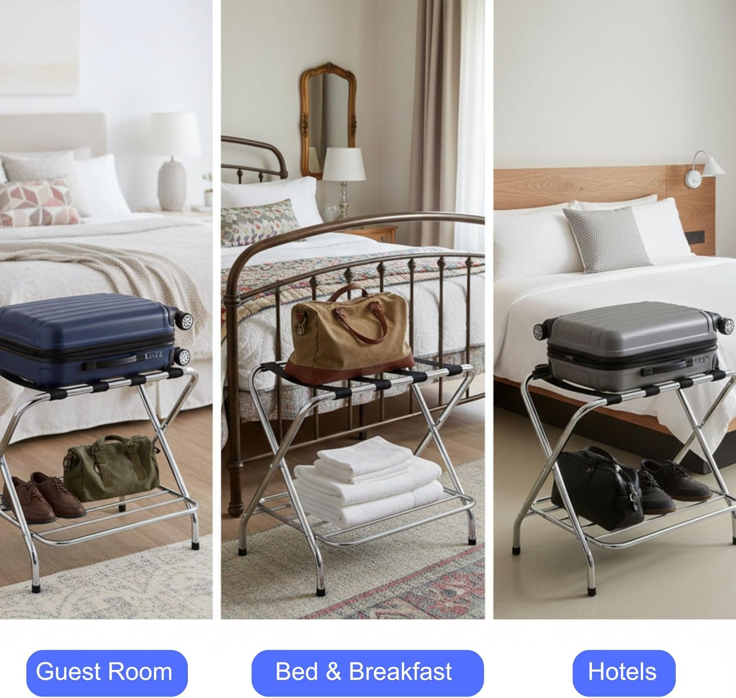 USTECH Double-Tier Luggage Rack – Foldable Suitcase Stand with Lower Shelf, Easy Assembly Metal Frame for Guest Room, Bedroom, Hotel, or Closet Storage