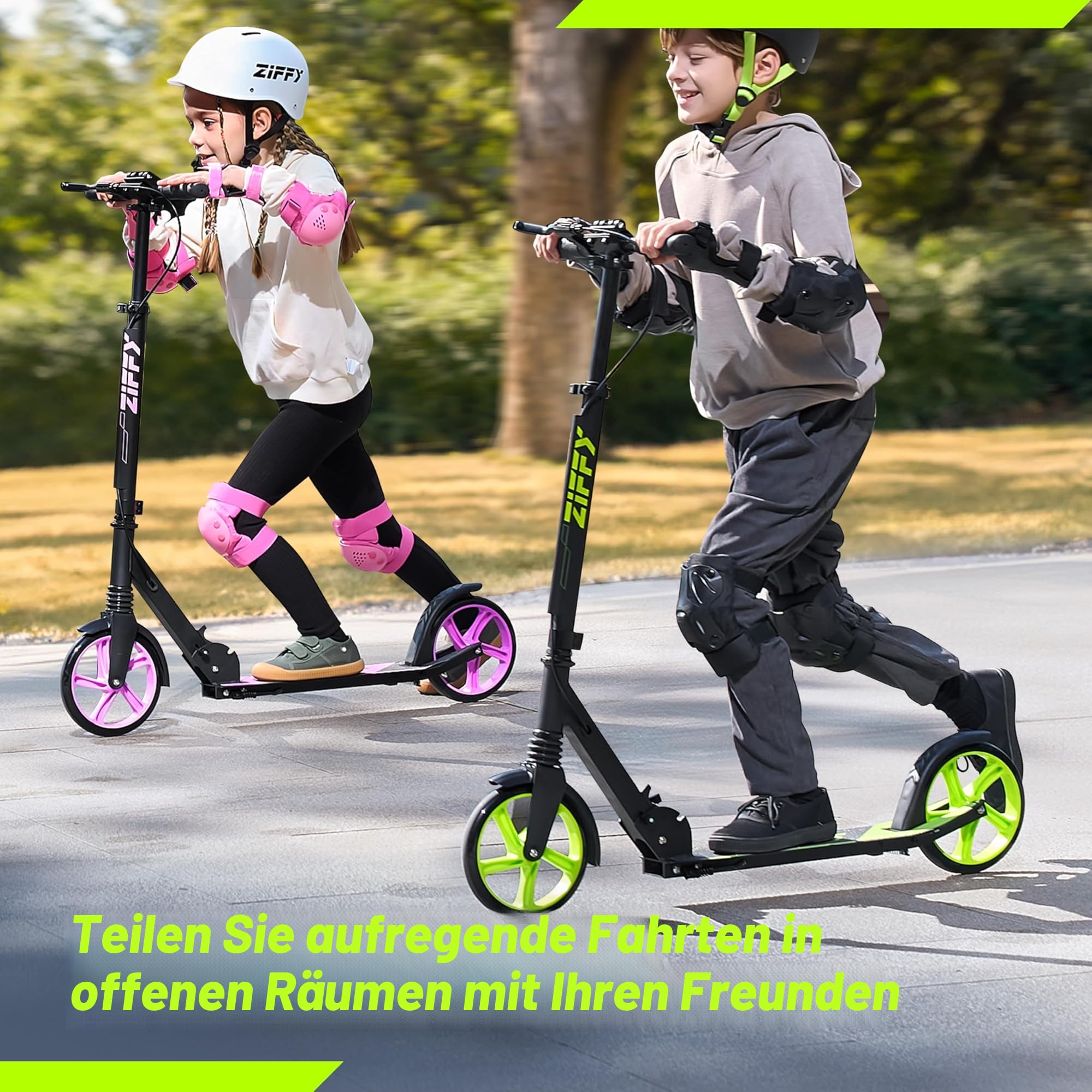 ZIFFY Tretroller Scooter 6–12 Jahre, Schwarz/Grün/Violett, 200mm Räder, ABEC-9, Federung, Faltbarer Aluminiumrahmen, Lenker 79–106 cm, Handbremse, Tragkraft bis 118 kg, Für Kinder & Erwachsene