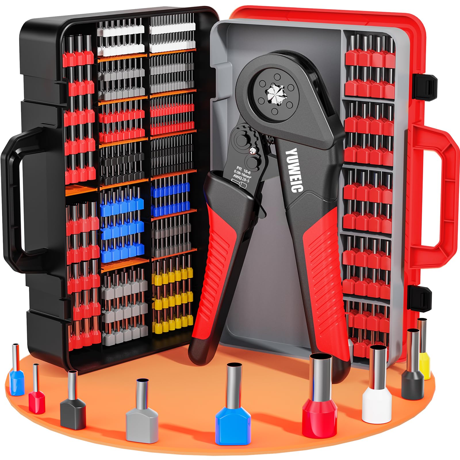 Wire Ferrule Crimper Kit with 1300PCS Ferrules, 0.08-16mm² AWG 28-5 Ratcheting Ferrule Crimping Tool, Crimping Pliers for Single & Twin Wire Ferrules, Wire Terminal Crimper for Electrical Wiring Hex