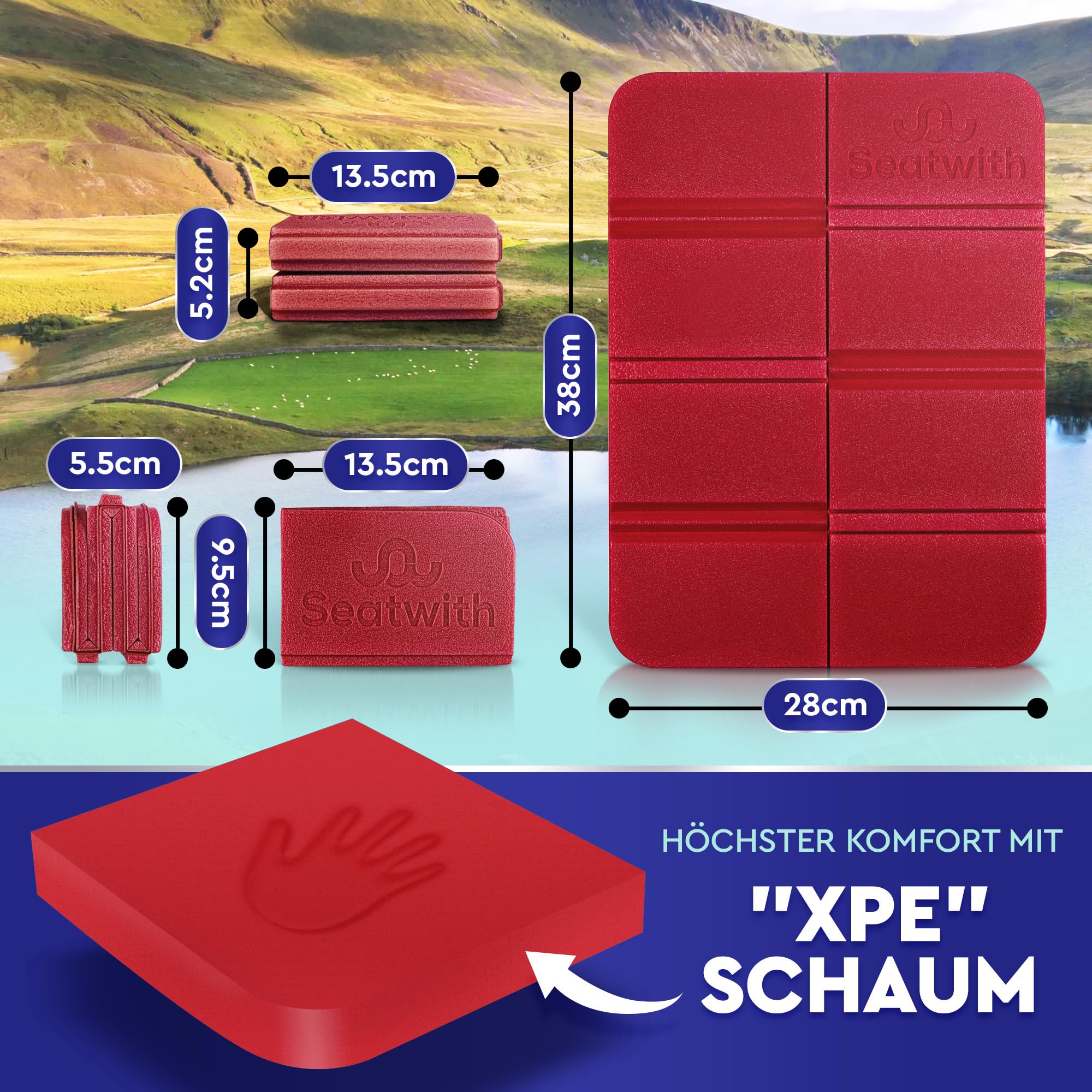 2er Set Outdoor Sitzmatte/Faltbares Iso-Thermo-Sitzkissen mit Tragetasche und Karabinerhacken für ideale Befestigung am Rucksack maximaler Schutz vor Kälte Nässe & Schmutz + Outdoor E-Book