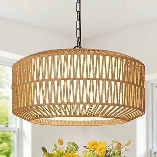 5-Light Rattan Boho Farmhouse Chandelier - Hand Woven Pendant Light Fixture for Dining Room, Kitchen Island, Bedroom (Bulbs Not Included)