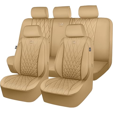 CAR PASS Piping Luxury Leather Seat Covers Full Set,5 Seats Leatherette Anti-Slip Waterproof Seat Covers Compatible with Front Armrests,Universal Fit for Suvs,Vans,Trucks,Airbag Compatible,Pure Beige