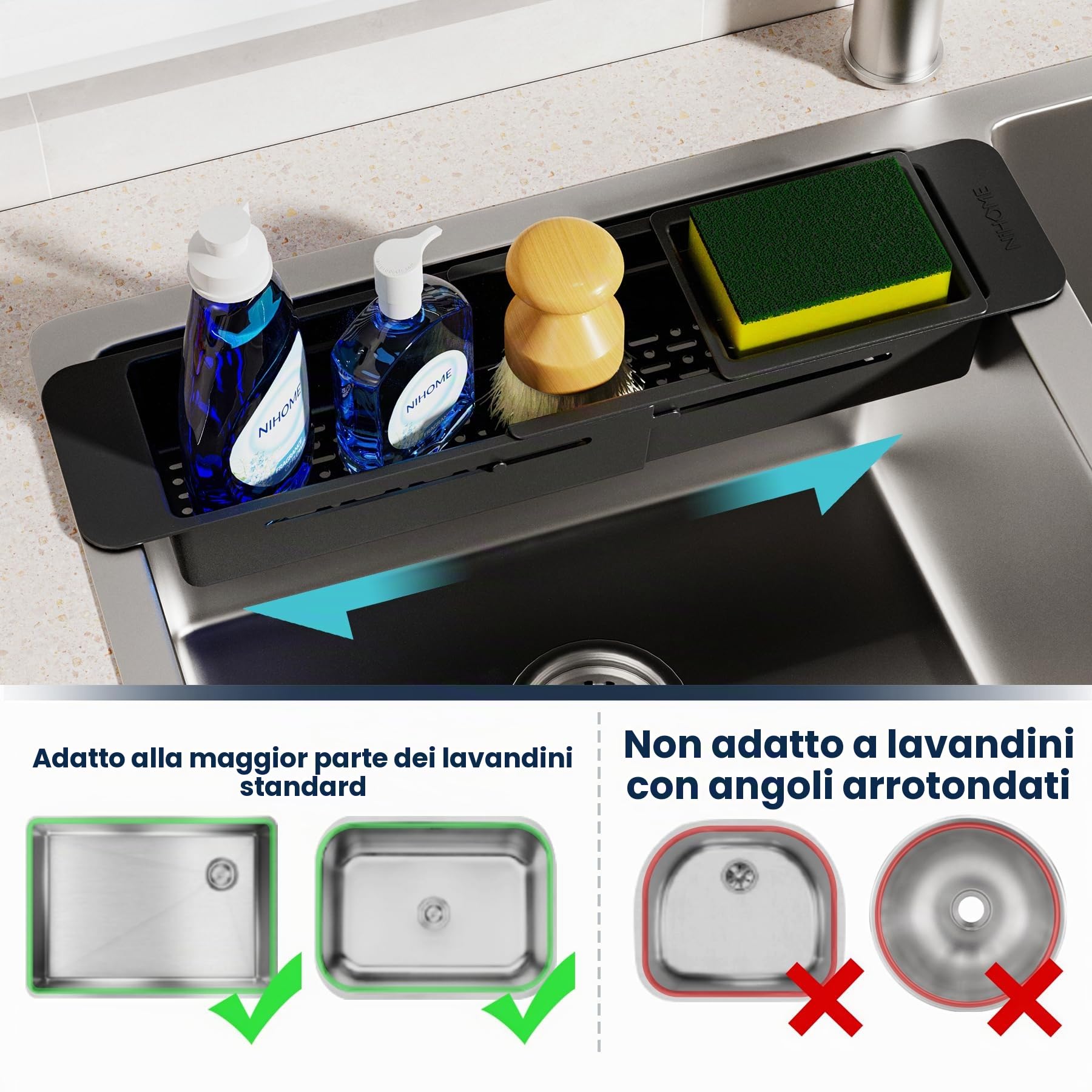 NiHome Organizer estensibile da cucina per lavello (nero)