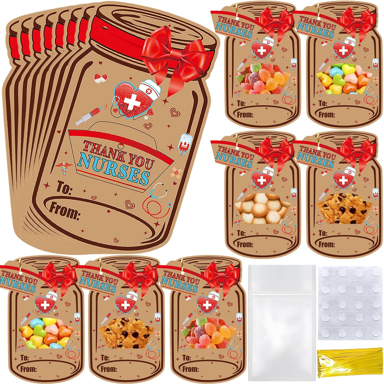 Mason Jar Nurse Thank You Cards Kraft Paper, 24 Pack Nurse Appreciation Week Gift Cards, Nurse Card Bulks Greeting Cards for Nurse RN Hospital