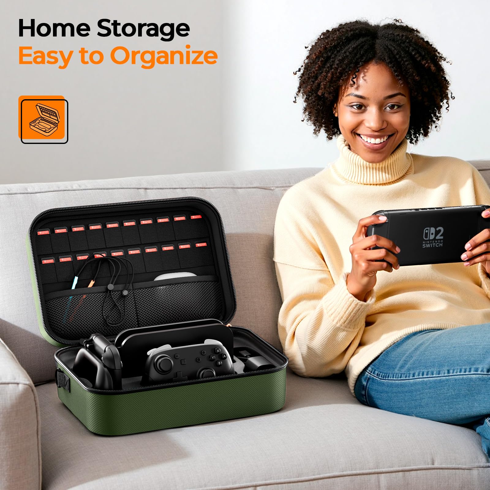 ZOZOVR Switch 2 Étui pour Nintendo Switch 2 (2025), Étui Rigide de Protection Totale, Capacité de 20 Cartes de Jeu, Housse de Transport Antipoussière pour Accessoires Switch 2, Vert foncé