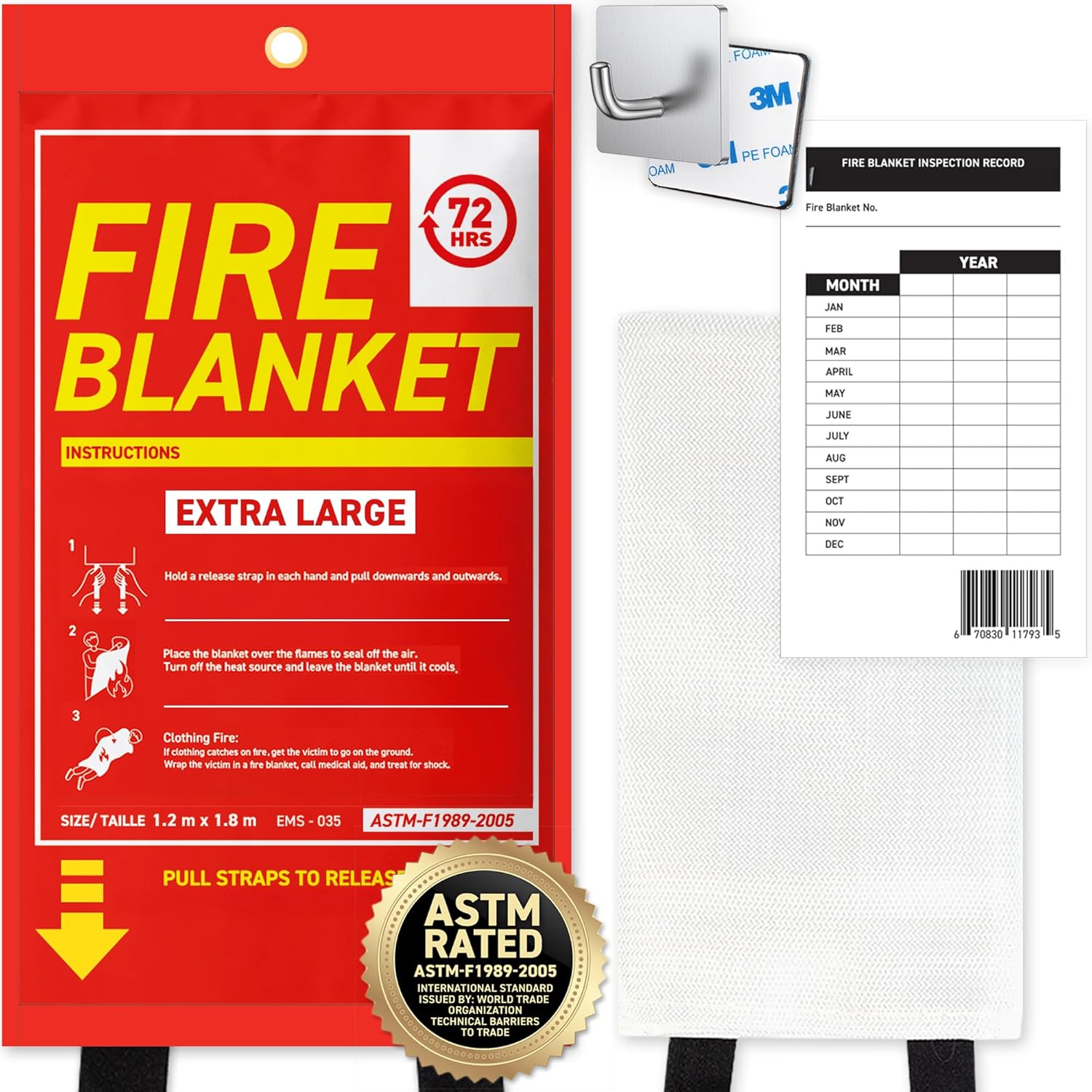 72 HRS XL Emergency Fire Blanket 47"×71" – Fiberglass Fire Safety Tool for Home, Kitchen, Camping, Survival | Extinguisher Alternative for Grill, Welding, Fire Pit