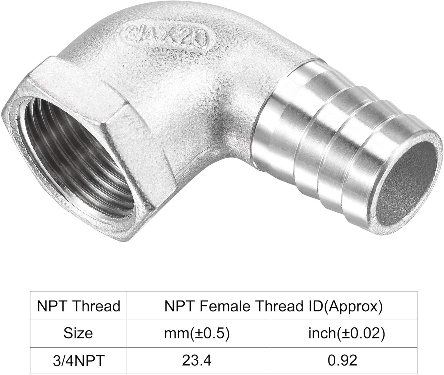 sourcing map 304 Stainless Steel Hose Barb Fitting Elbow, 20mm Barbed x 3/4" NPT Female Pipe Connector Adapter for Water Fuel Air - Image 5