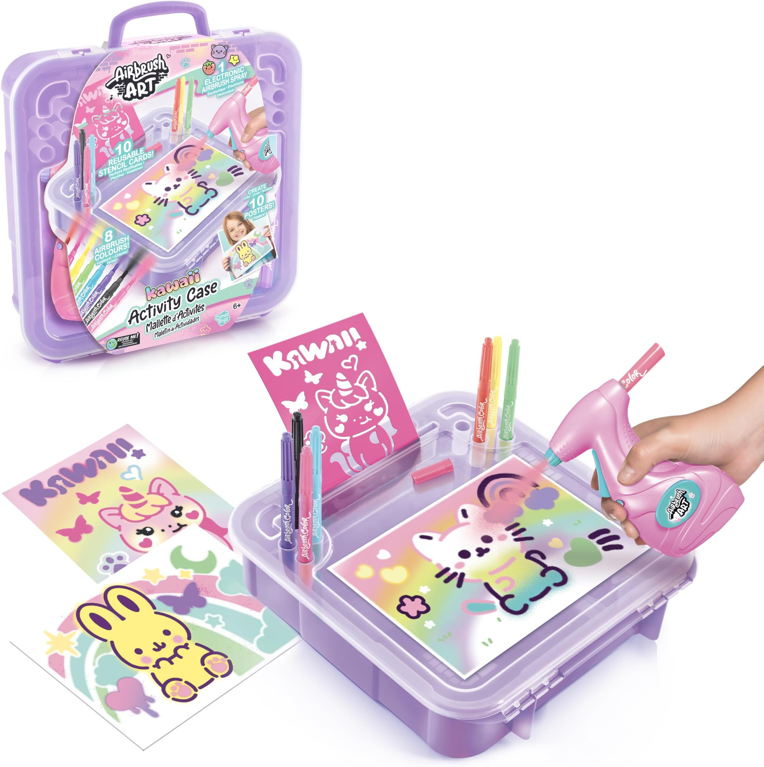 Airbrush Art Activity Case | Customise Posters with an Electronic Airbrush Tool Using Washable Chalk Pens - Childrens Gift Ages 6+ | Arts and Crafts Toy, 8 Colours + 10 Stencils | Styles May Vary