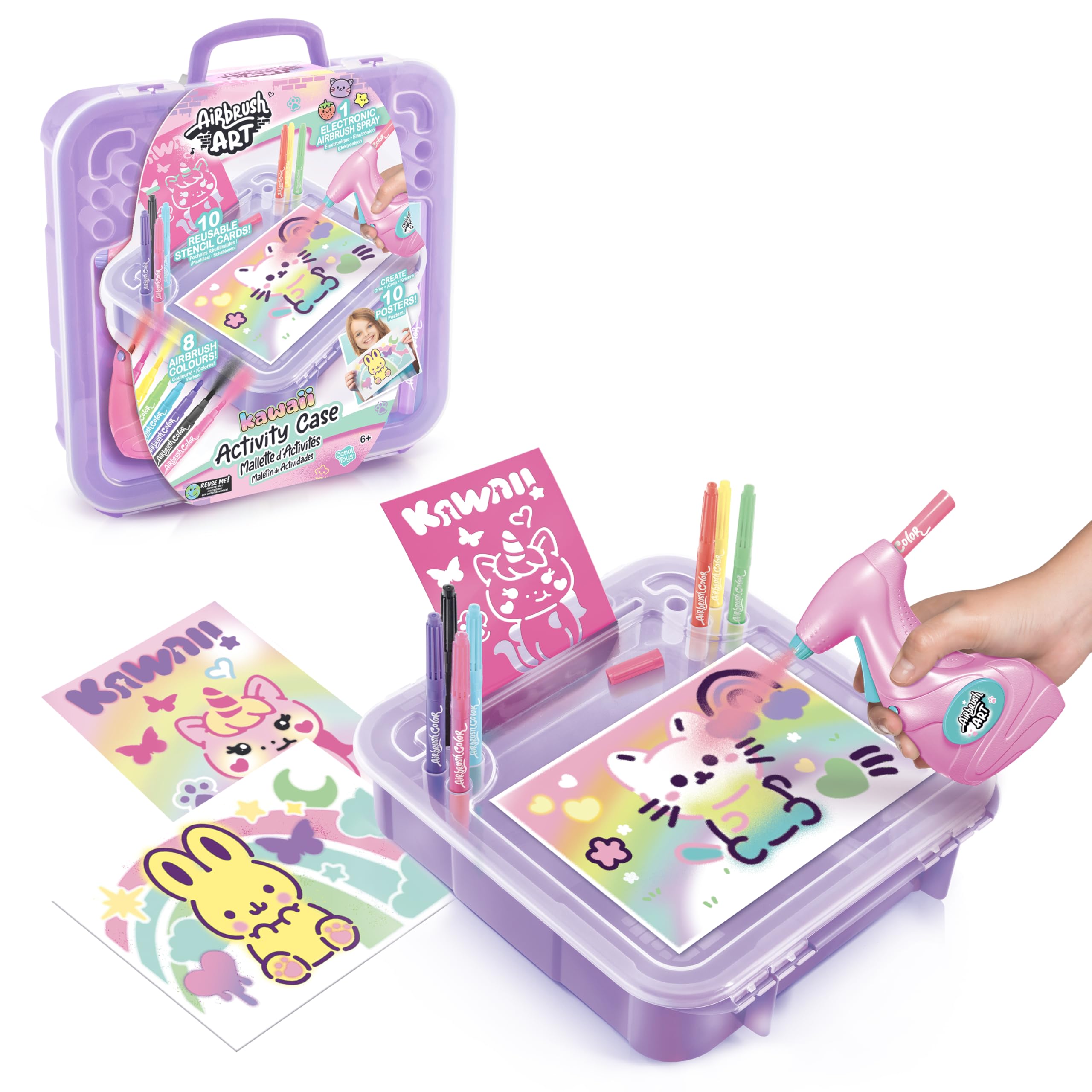 Airbrush Art Activity Case | Customise Posters with an Electronic Airbrush Tool Using Washable Chalk Pens - Gift for Children Aged 6+ | Arts and Crafts Toy, 8 Colours + 10 Stencils | Styles May Vary