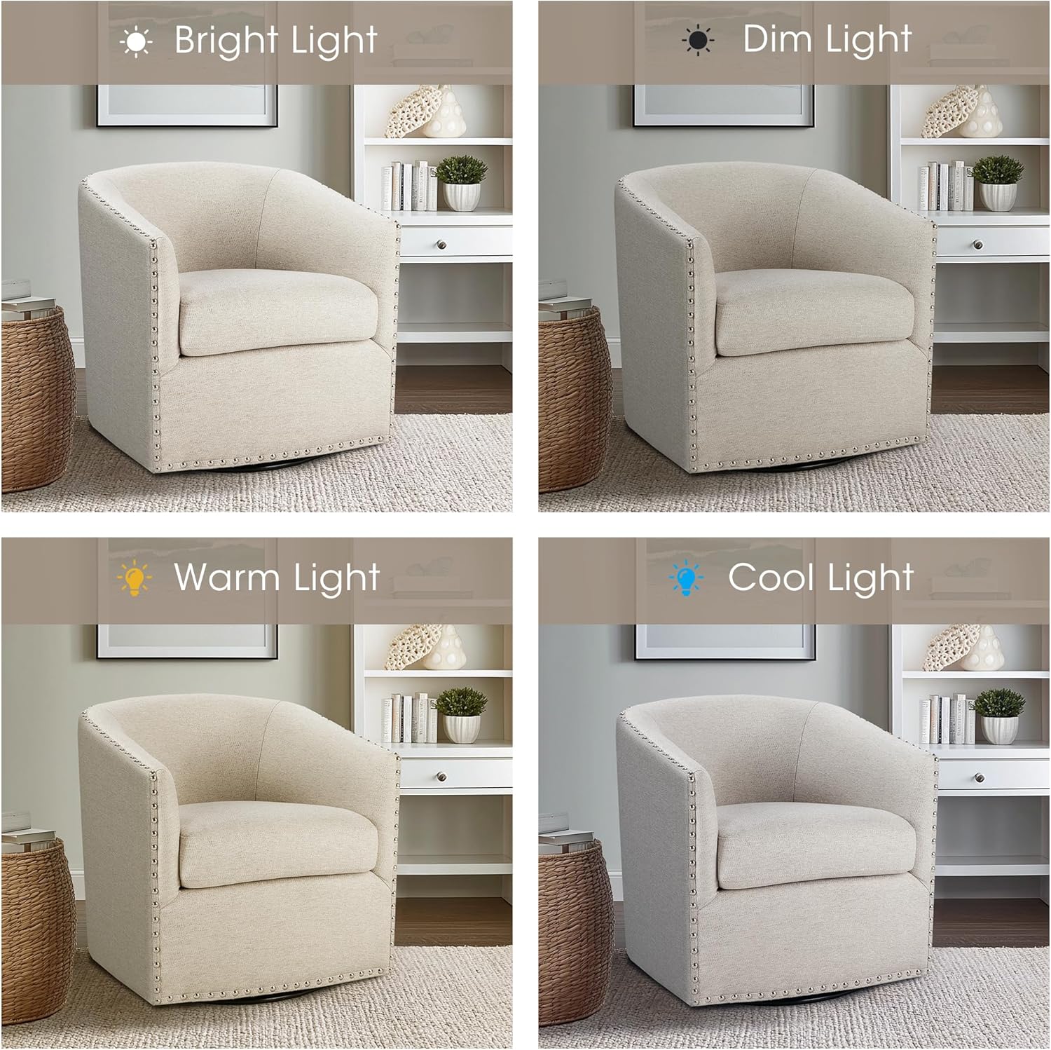 Madison Park Swivel Barrel Accent Chair, Upholstered Curved Back with 7-Inch Thick Woven Cushion, 360° Swivel, Nailhead Trim, Comfy Chair for Living Room, Bedroom, Office, 28" Wide, Neutral, Tyler