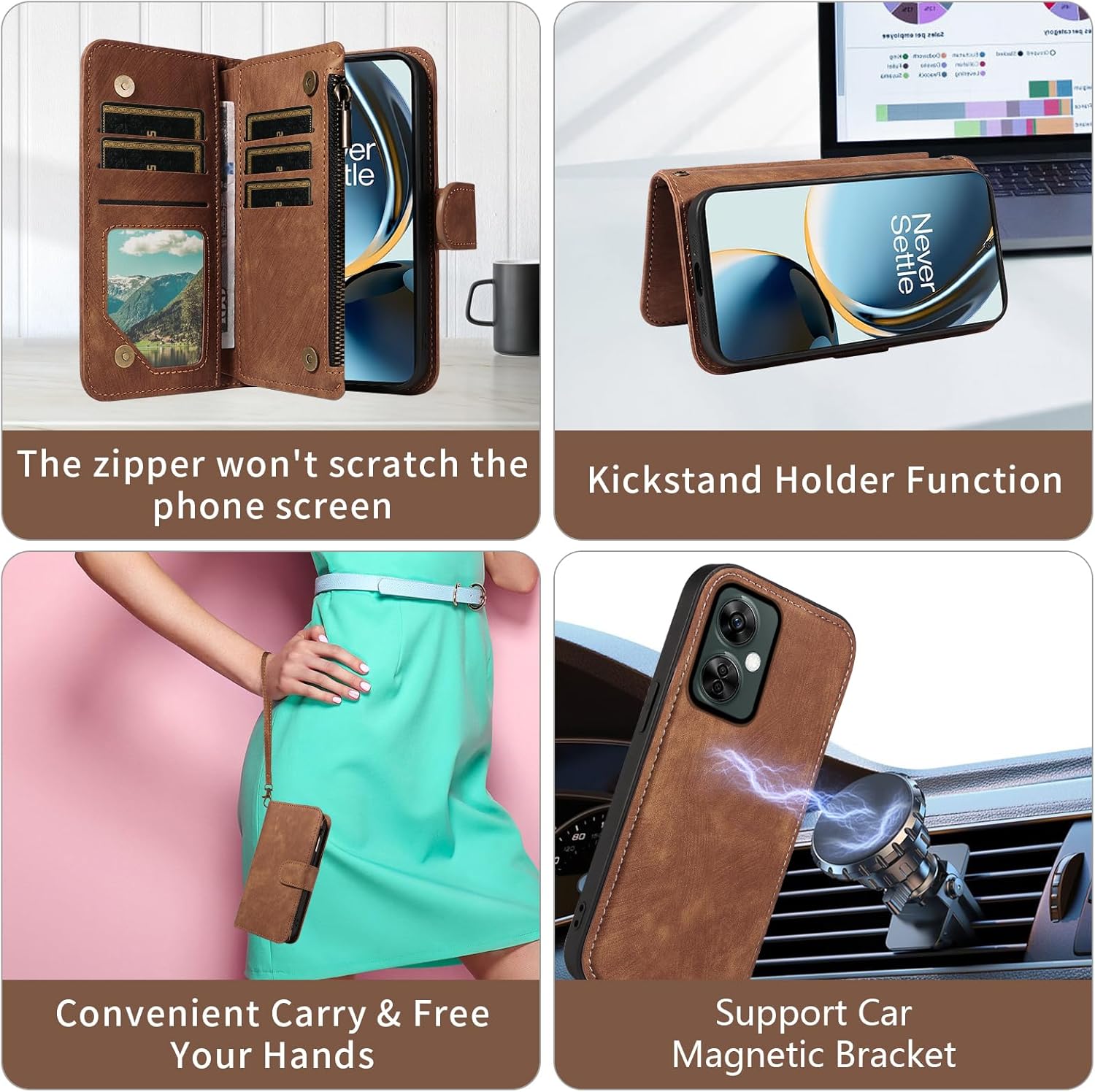 Asuwish Phone Case for OnePlus Nord N30 5G/CE 3 Lite Zipper Wallet Detachable Magnetic Cover with Tempered Glass Screen Protector Crossbody Lanyard Card Holder Oppo K11x/One Plus 1 1+ N 30/CE3 Brown