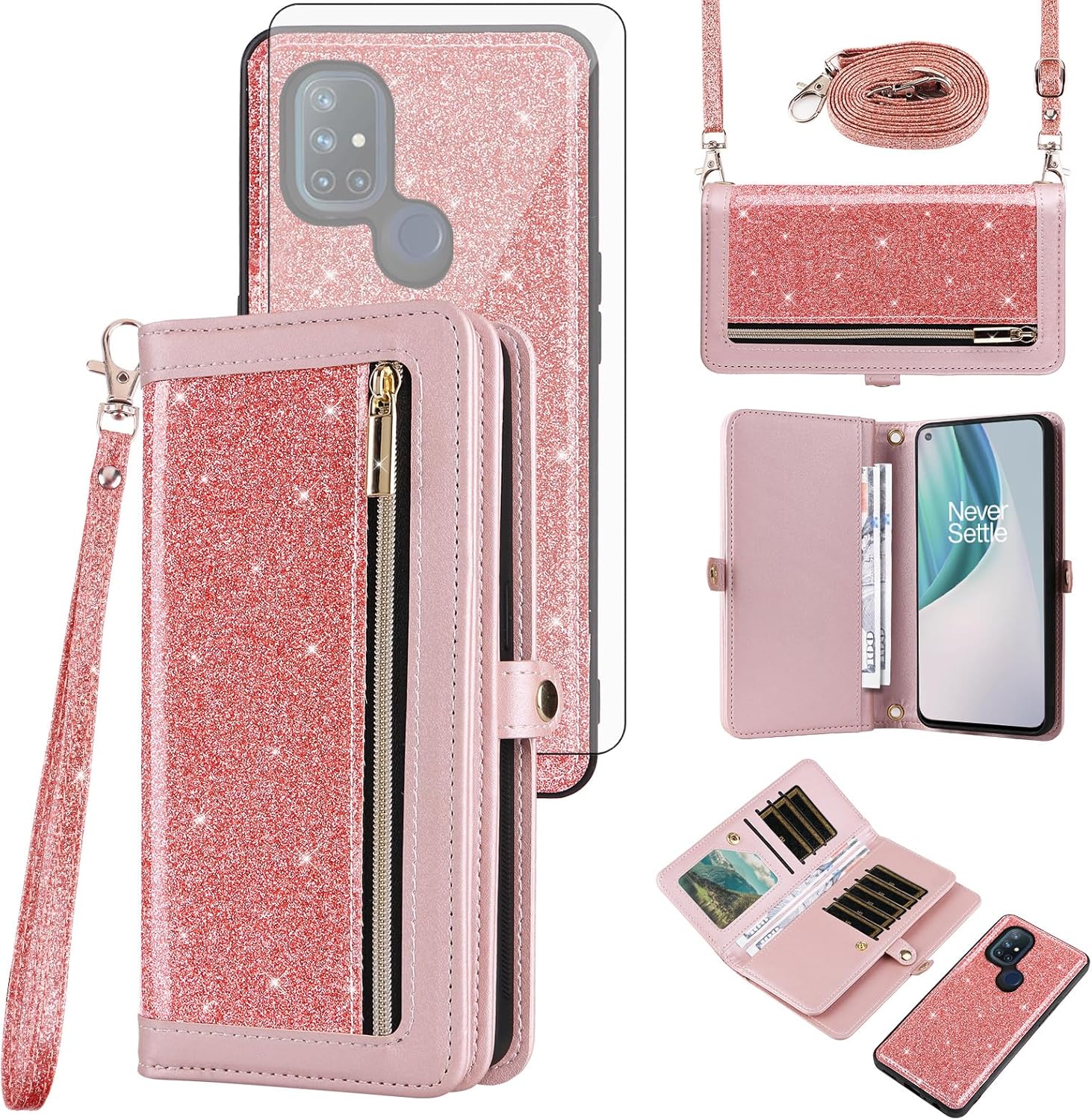 Asuwish Phone Case for OnePlus Nord N10 5G Zipper Wallet Detachable Cell Cover with Screen Protector Strap Bling Glitter Flip Card Holder One Plus N 10 G5 1 Plus 10N 1plus One+ 1+ N105G Women Pink