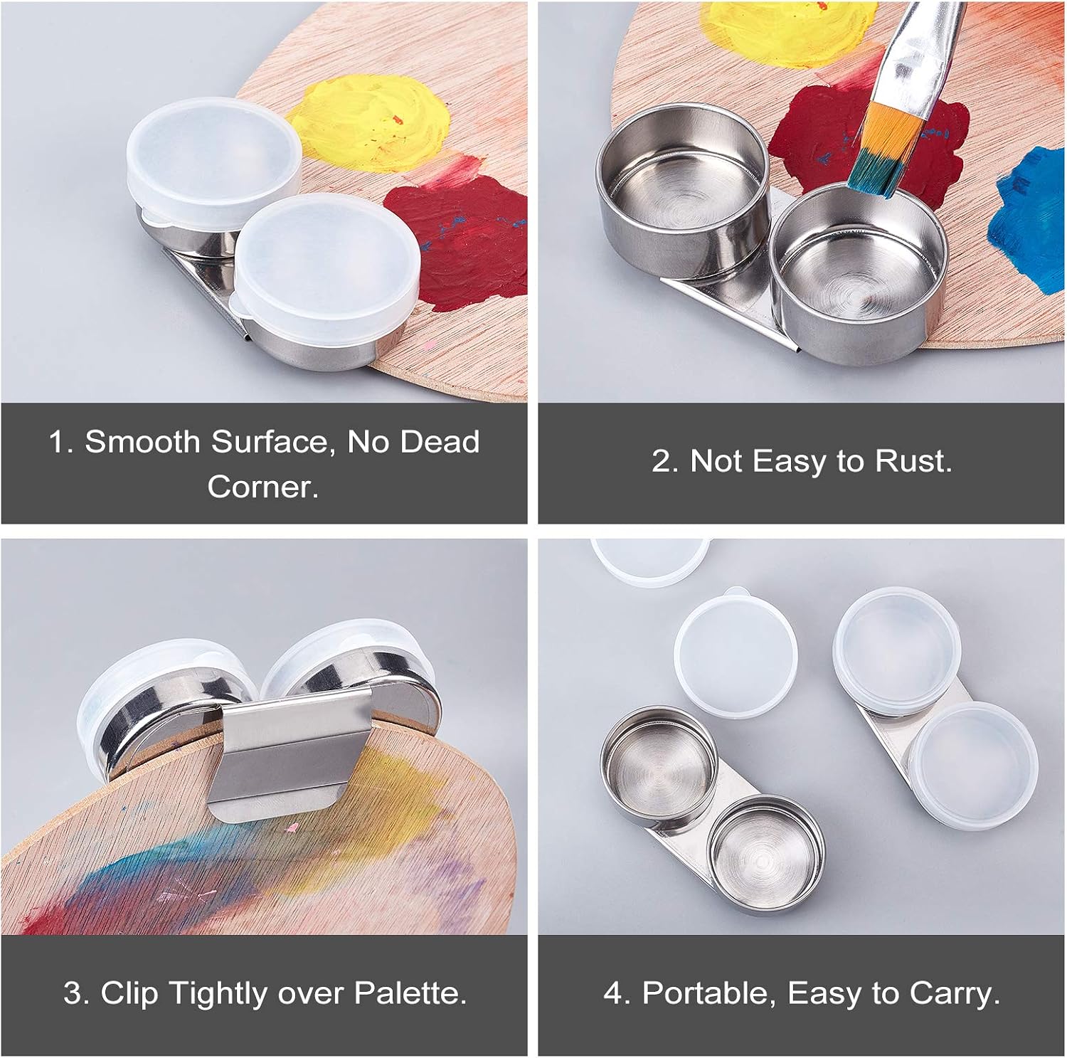 FINGERINSPIRE 6Pack Double Dipper Palette Cup Stainless Steel Palette Cup with Plastic Lid and Stainless Steel Clip for Oil Painting Drawing, Inner Diameter: 1.4inch