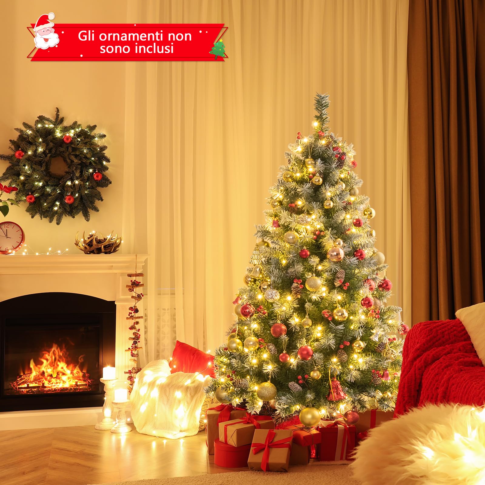 RELAX4LIFE Albero di Natale 150/200CM, Albero di Natale Verde Innevato con 200/420 Luci, 42/69 Pigne e 126/207 Bacche Rosse, Rami Rorte, per Casa e Negozio (200cm)