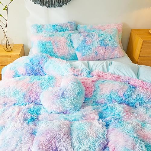 Miniatura 219 de Juego de funda de edredón rosa esponjosa tamaño Queen – Juego de ropa de cama de felpa de pelo sintético rosa de 3 piezas