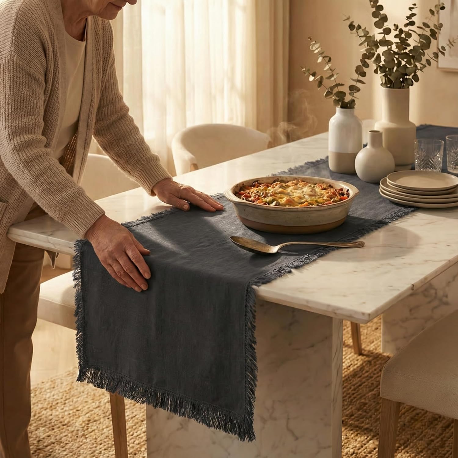Accent Home Grey 13 x 120 Inches Cotton-Linen Table Runner – Soft, Durable & Natural Blend Rustic Farmhouse Style for Dining Table, Weddings Bridal Shower Thanksgiving Christmas & Everyday Use