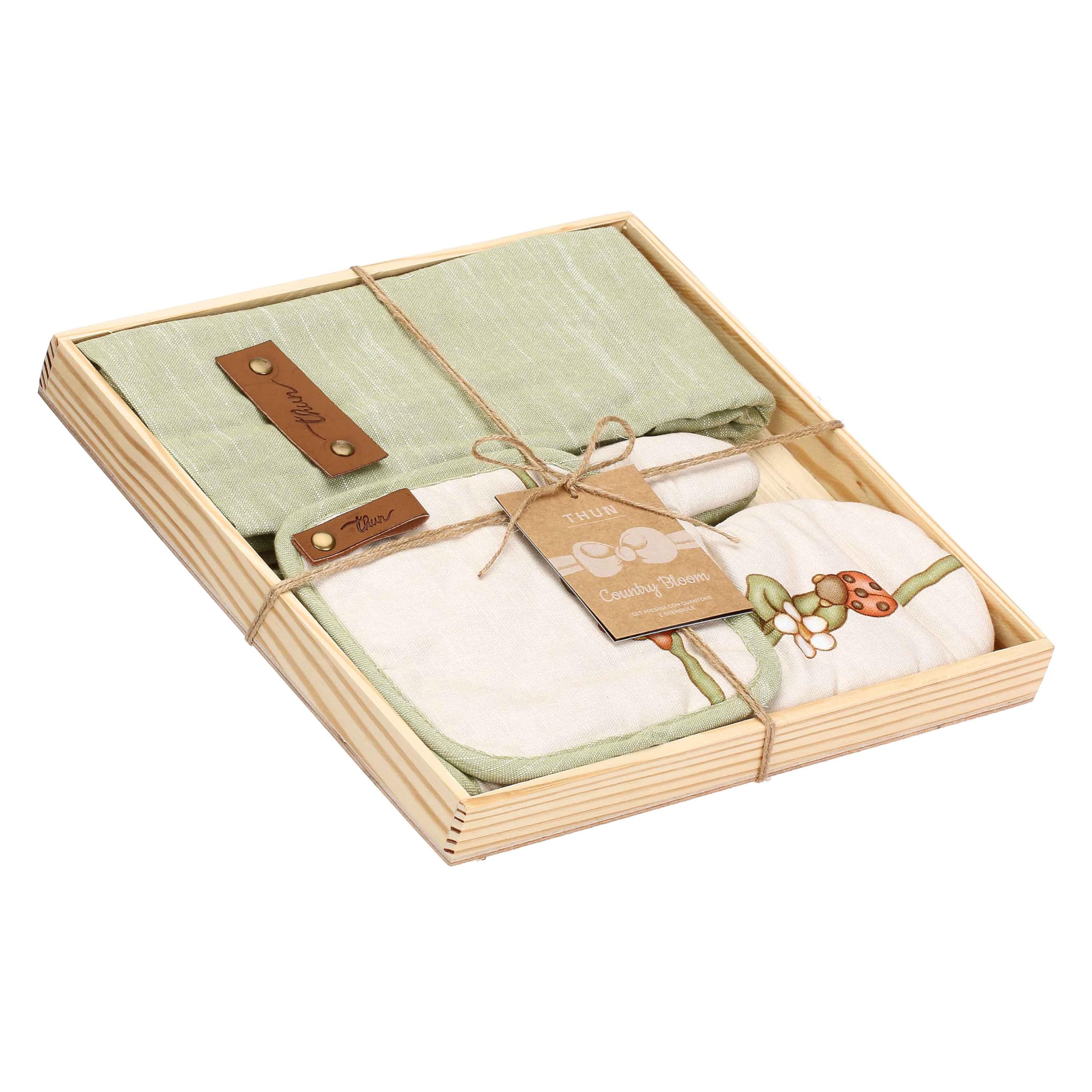 THUN Set presina, guantone, grembiule con scatola, 100% cotone, imbottitura 100% poliestere, fodera in tessuto TNT, Collezione Country Bloom, 19,5 x 19,5 cm