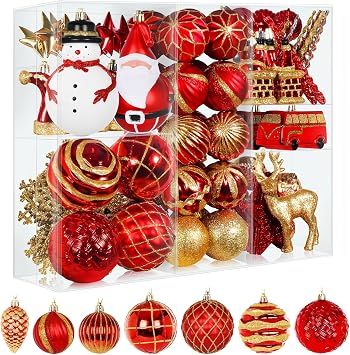 Alupssuc 100 Pcs Christmas Ball Ornaments Set, Santa Claus and Snowman Christmas Decoration Baubles for Indoor Outdoor Holiday Wedding Party Decoration Tree with Hanging Rope, Red & Gold