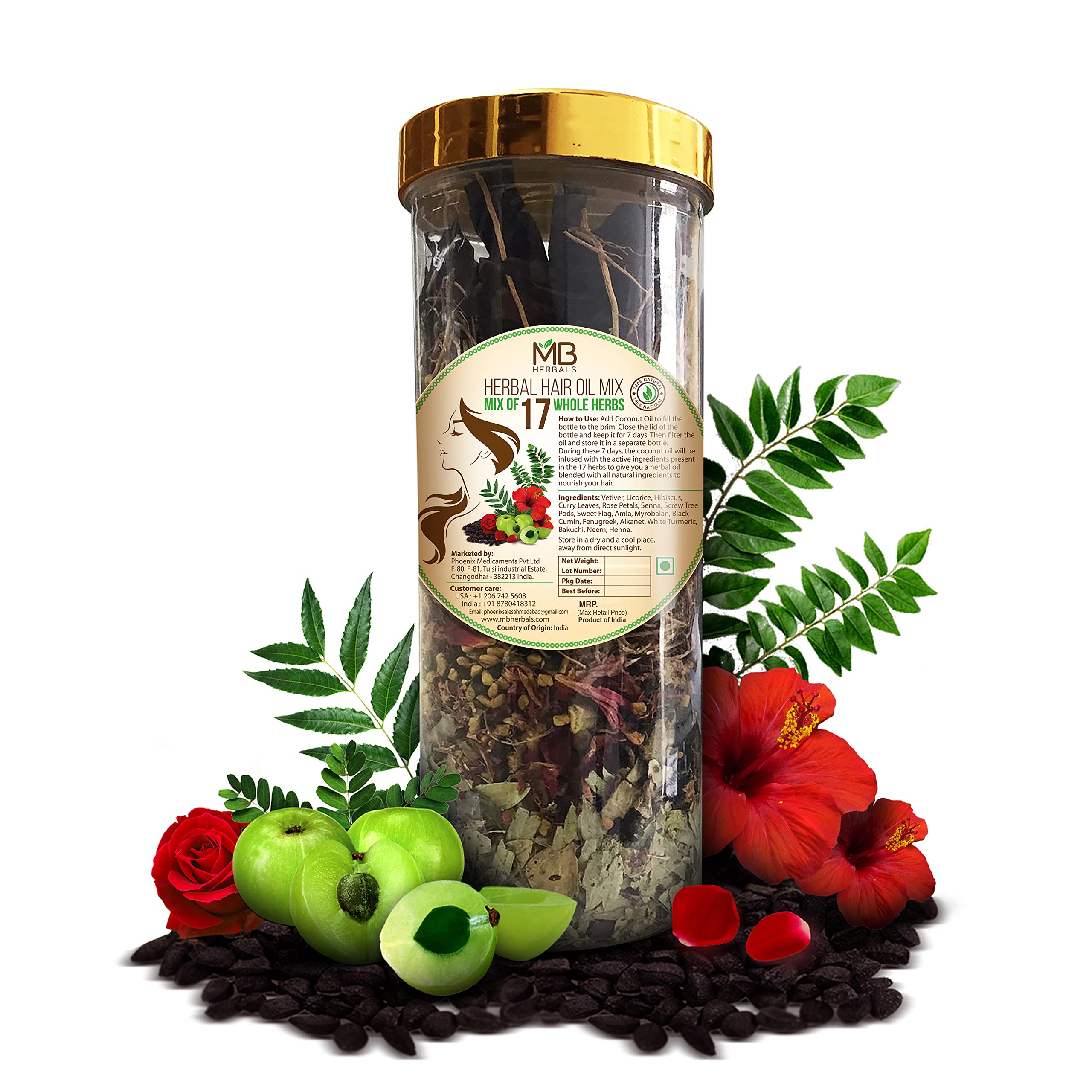 MB Herbals Hair Oil Mix – 17 Ayurvedic Herbs Blend for Hair Growth Oil | Amla, Hibiscus, Neem, Fenugreek, Curry Leaves, & More | Traditional Herbal Mix | 3.5 oz (100g)