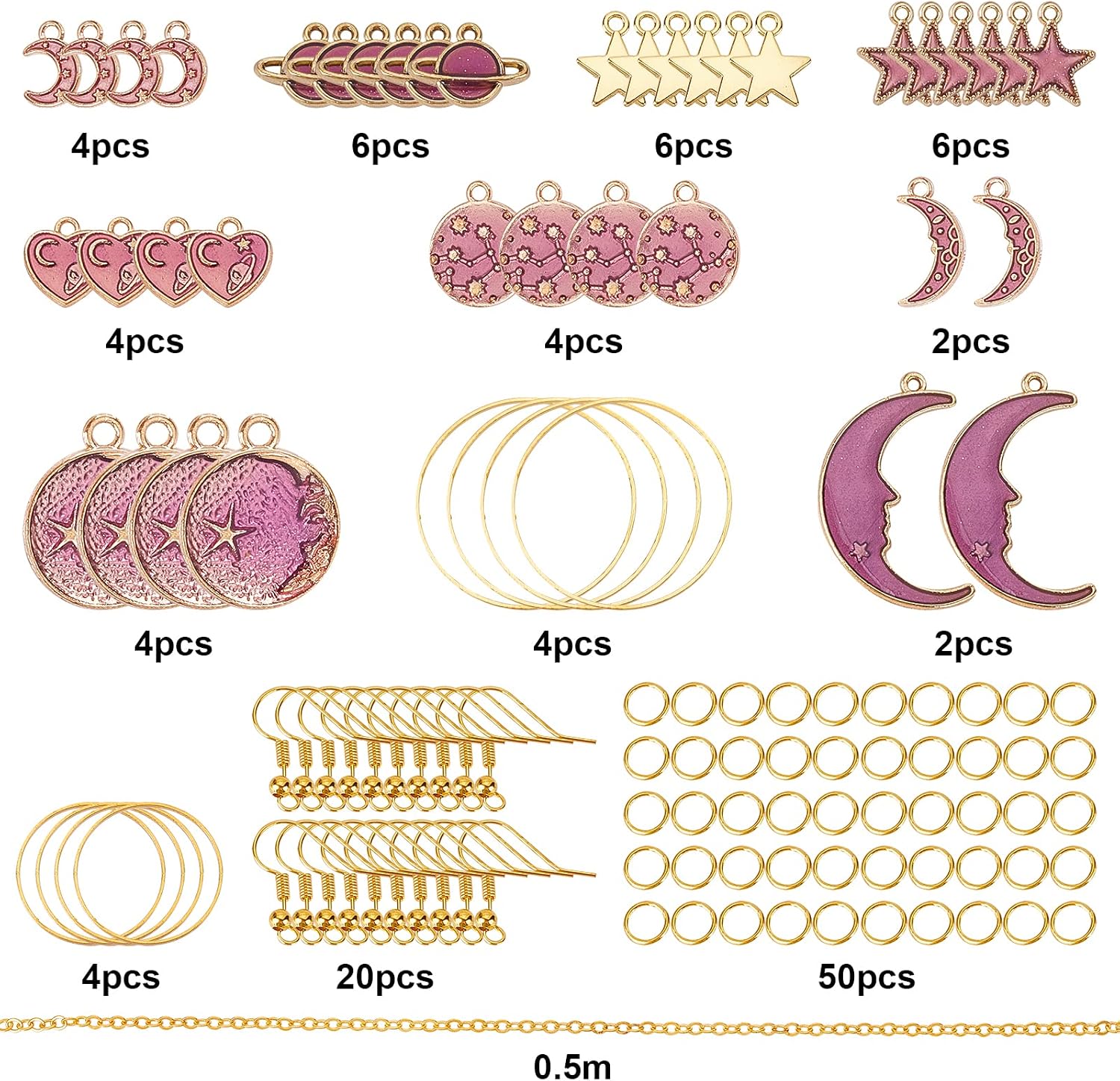 SUNNYCLUE 1 Box DIY Make 10 Pairs Star Moon Earrings Making Kit Enamel Flat Round Heart Charms Linking Rings Earring Findings for Women DIY Earring Dangle Jewellery Making, Purple