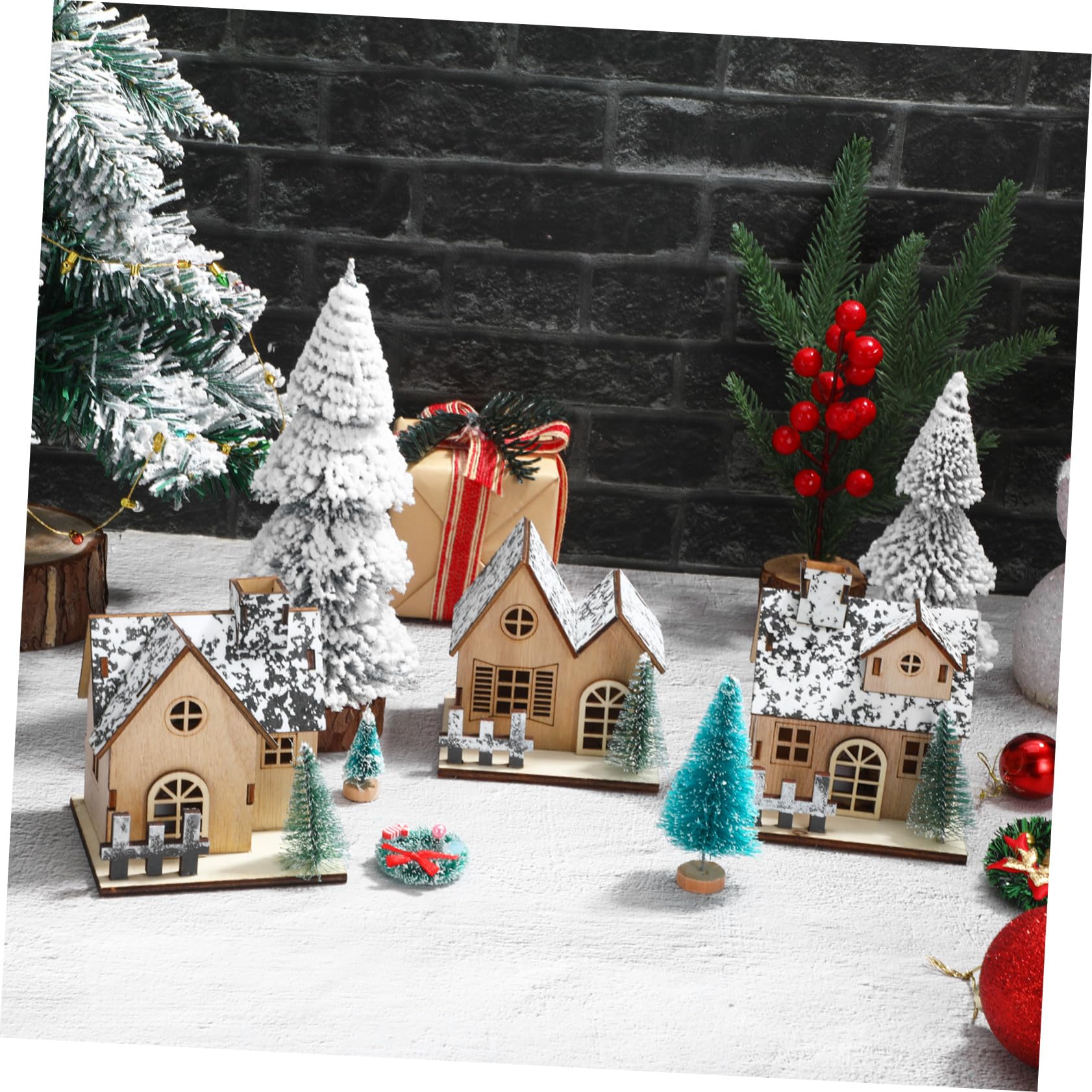 Hemobllo 3 pièces Maisons Miniatures de Noël Bois avec LED Décorations Lumineuses pour Village de Noël Ornements Non pour Centre de Table Festif