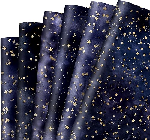 Miniatura 1 de JarThenaAMCS 12 hojas de papel de regalo de noche estrellada, no se enrolla, papel de regalo de estrellas doradas y acuarelas, papel de arte plano