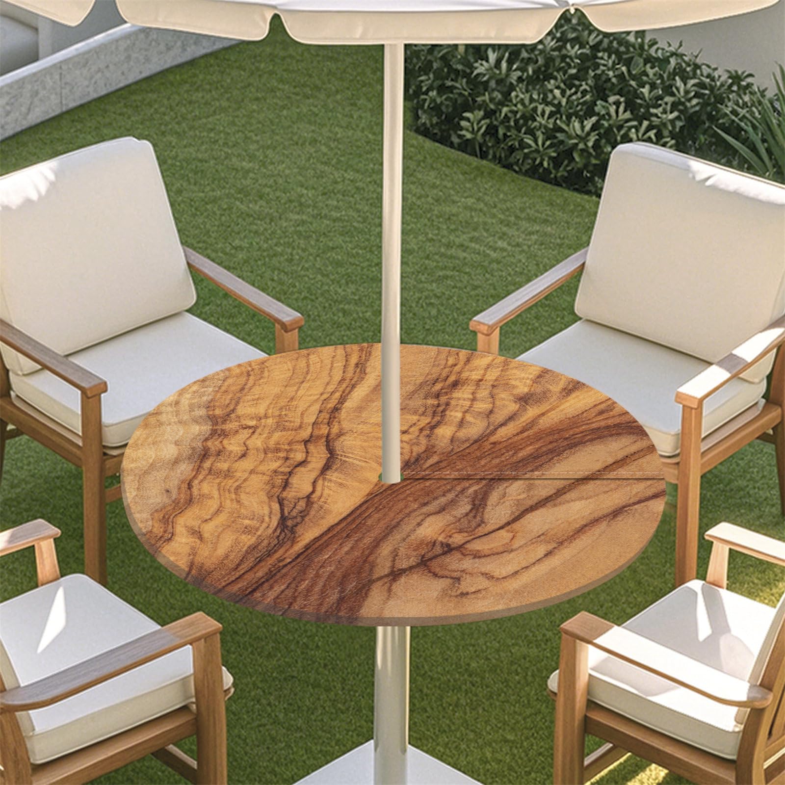 Fasbuy Outdoor Round Tablecloth with Parasol Hole and Zipper, Woodgrain Table Cloth Waterproof, Damask Ceramic Tile Mandala Wipeable Tablecloths Elastic Edge for Patio Garden (Wood,S)