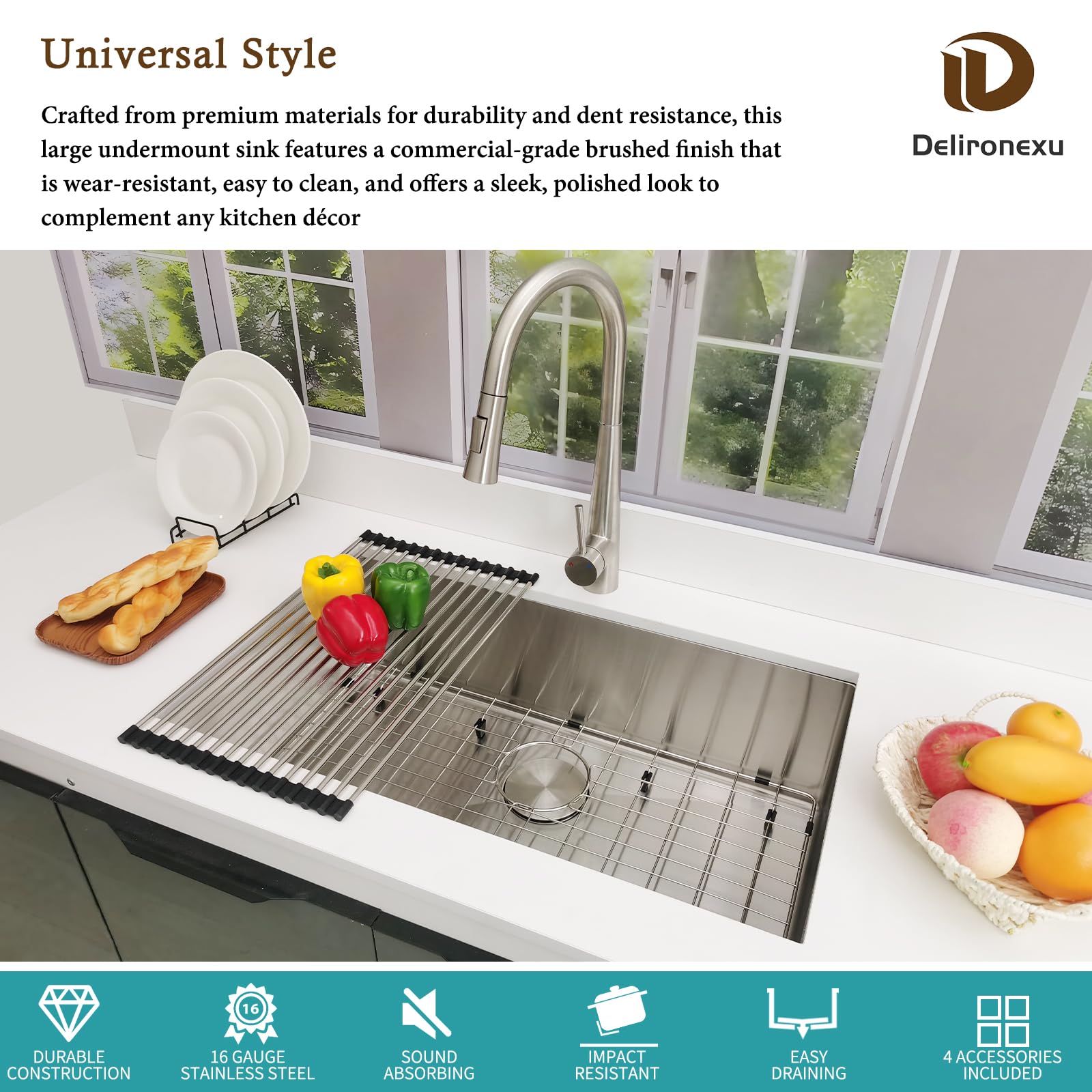 Delironexu - Lavello da cucina da 81 cm, in acciaio inox calibro 16, vasca singola, 81 x 45 cm, con finitura spazzolata, include 4 accessori
