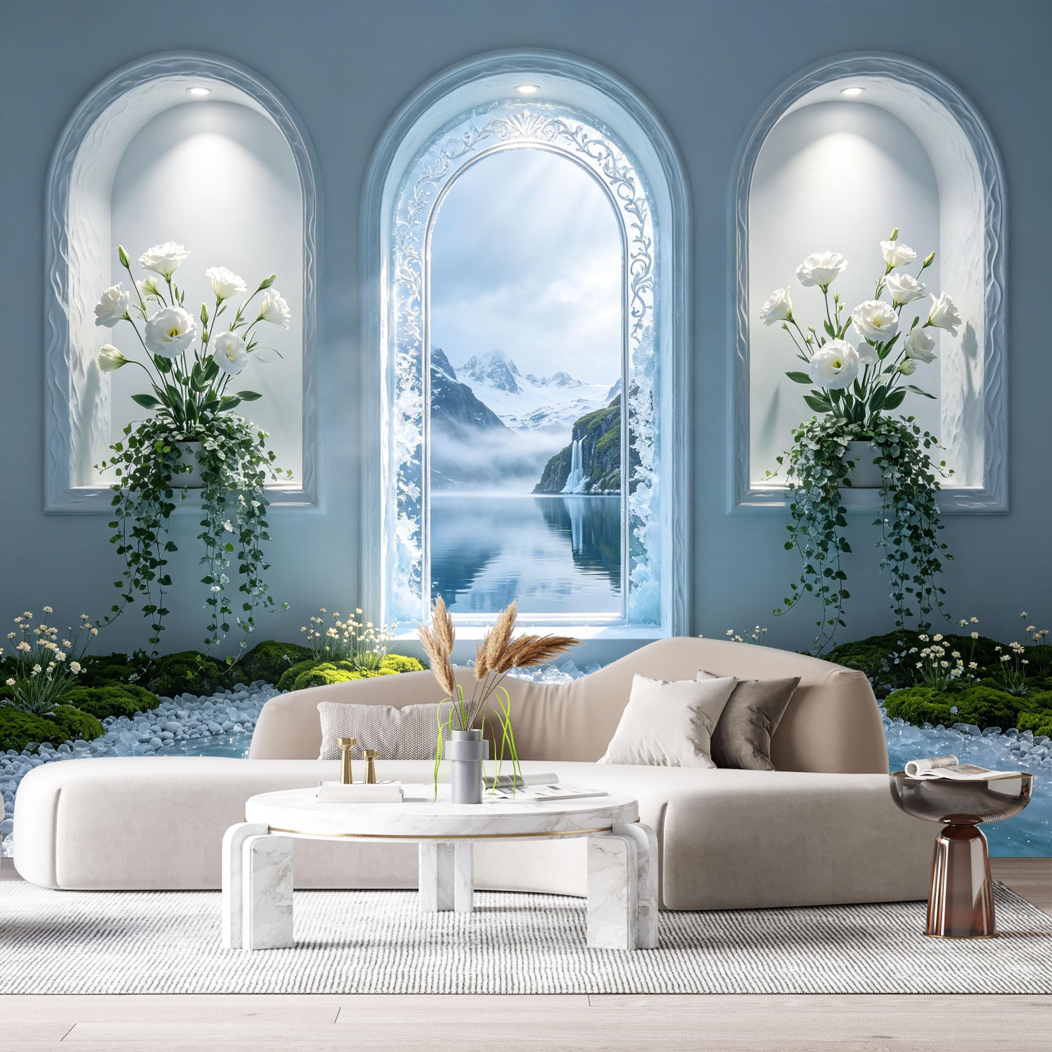 Custom Size Wall Murals Mountain Lake Waterfall 3D Trompe L'Oeil Arch Window Botanical SelfAdhesive Wall Fabric Removable Large Wallpaper Photo for Living Room