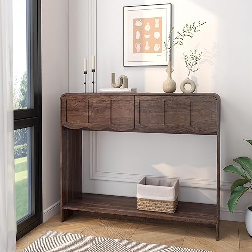 Mesa consola con 2 cajones, mesa de entrada moderna de mediados de siglo de 42 pulgadas con estantes de almacenamiento abiertos, mesa de sofá detrás